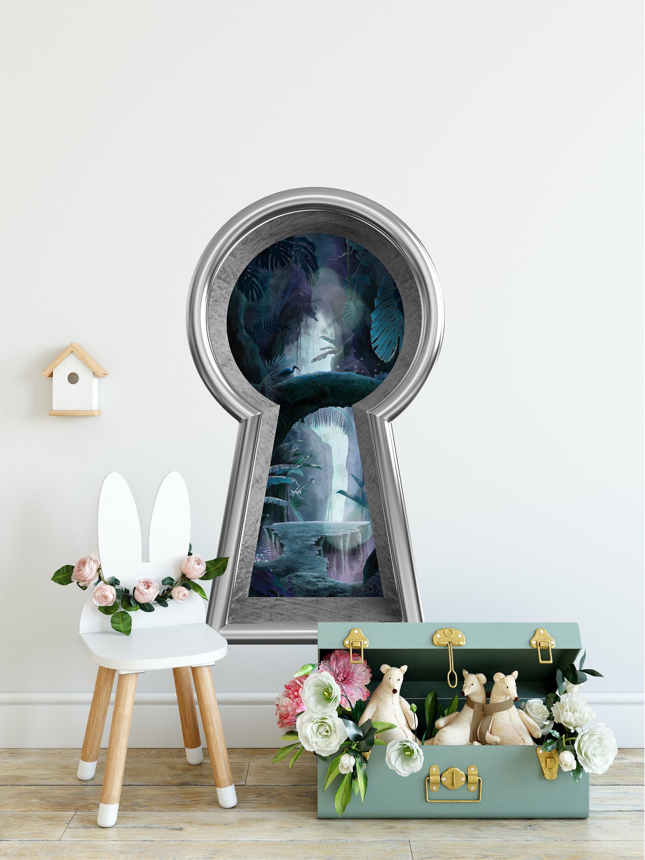 3d Keyhole Fabric Wall Decal - Safari Dark Jungle at Night - 3D Keyhole Wall Sticker - Wonderland Decal - Removable