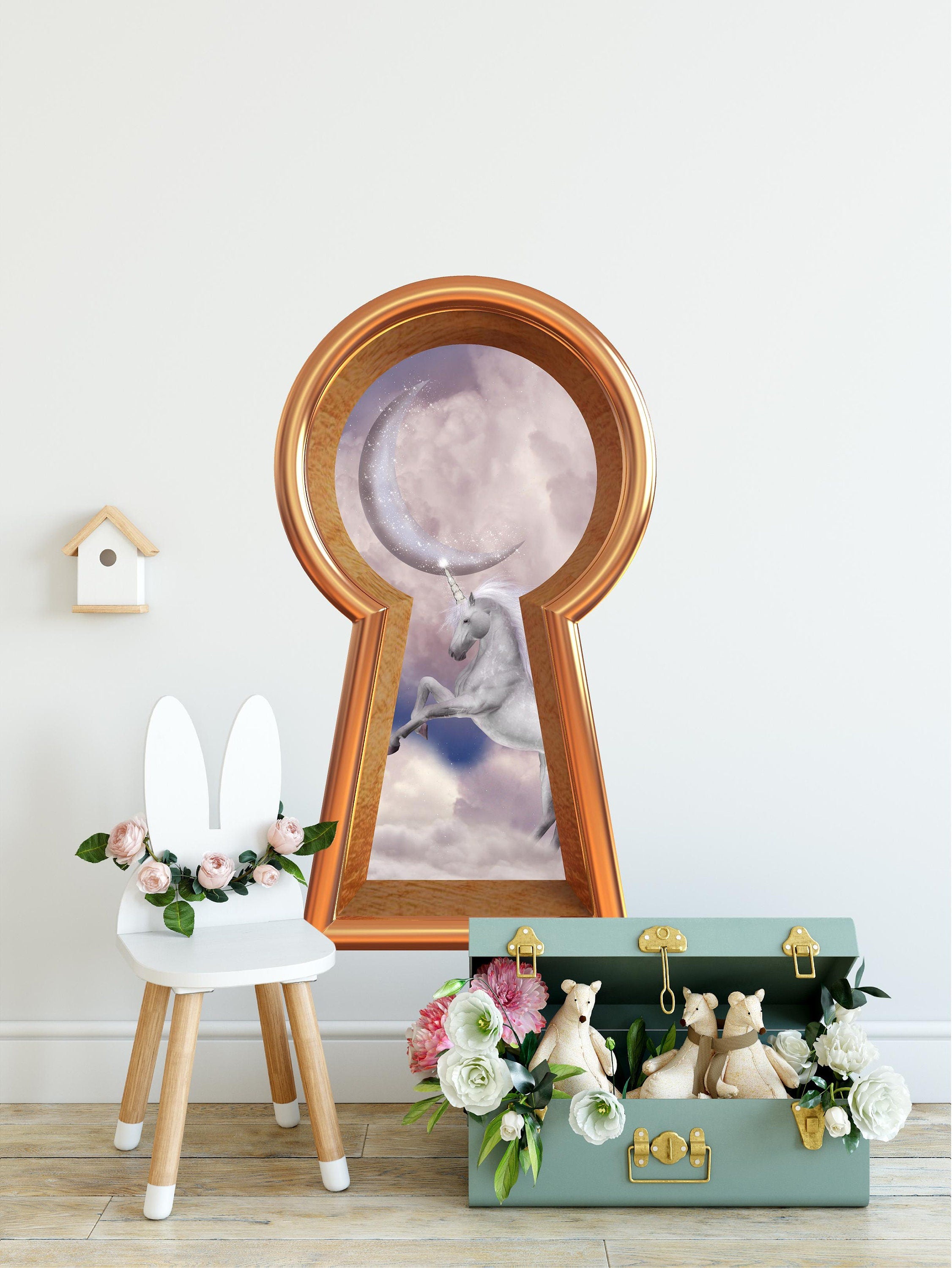 3d Keyhole Fabric Wall Decal - Unicorn In Clouds Moon - 3D Keyhole Wall Sticker - Wonderland Fantasy Decal - Removable