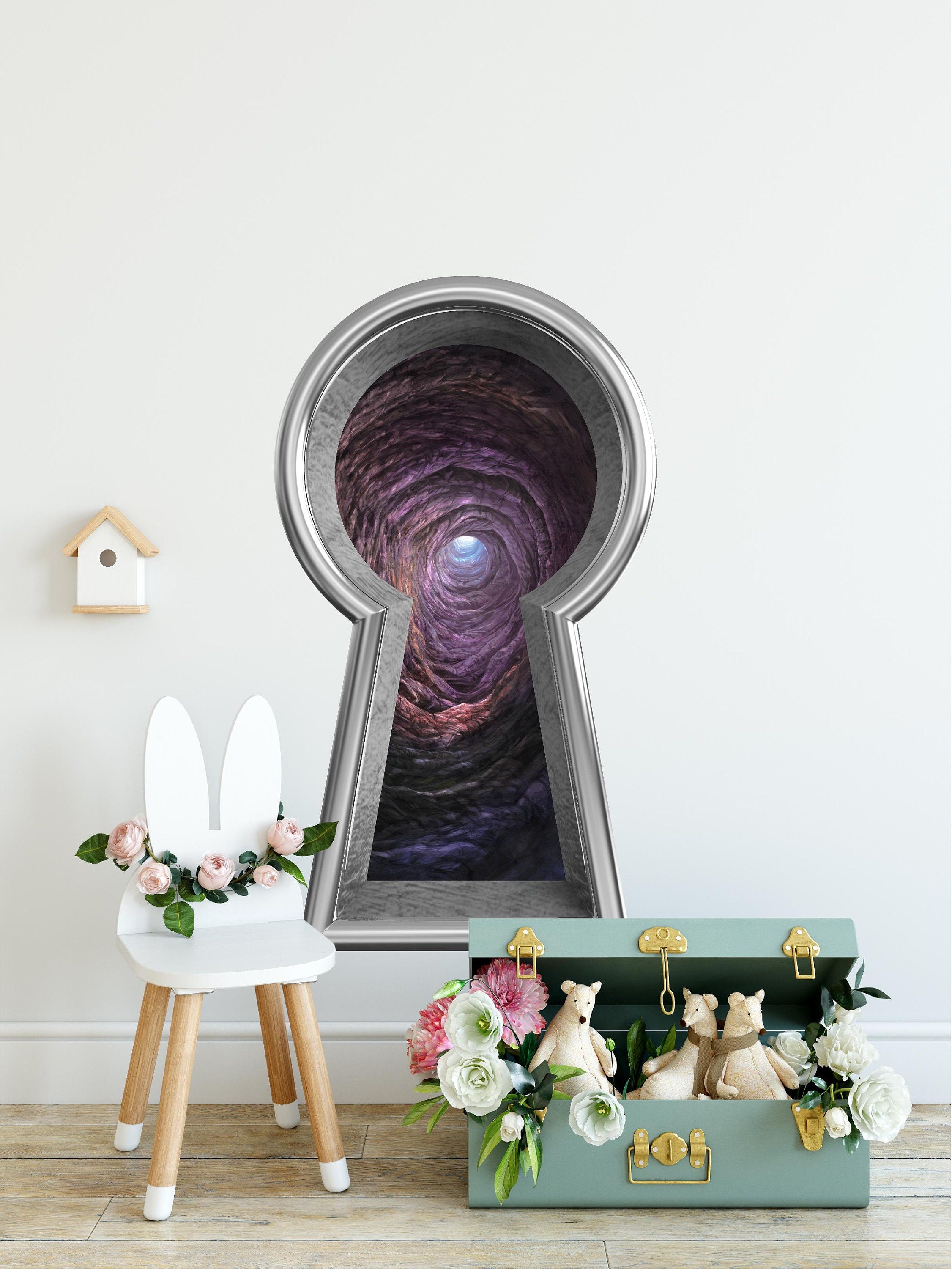 3d Keyhole Fabric Wall Decal - Down The Rabbit Hole - 3D Keyhole Wall Sticker - Wonderland Decal - Removable