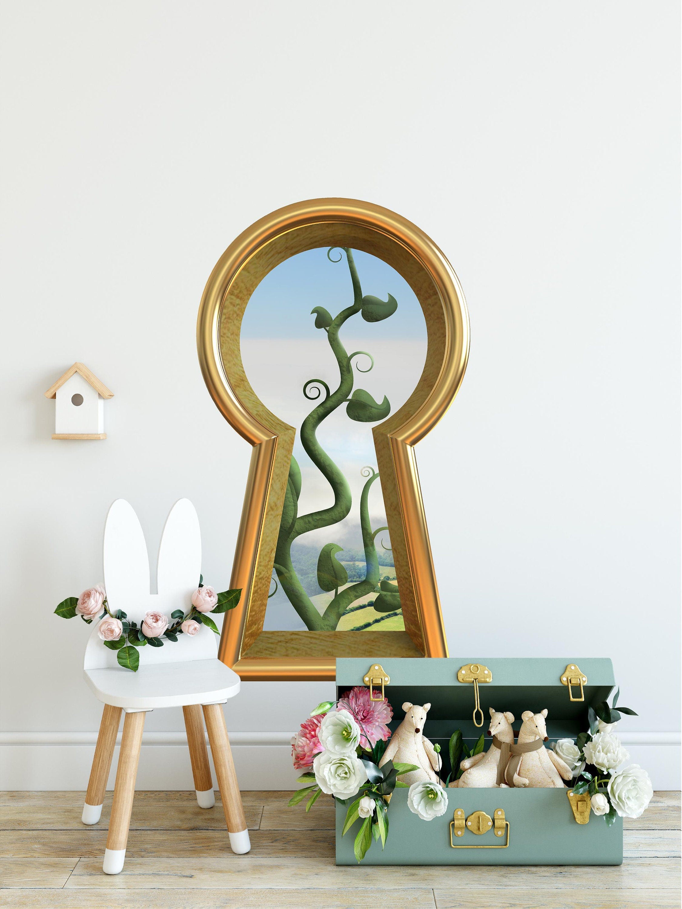 3d Keyhole Fabric Wall Decal - Jack's Beanstalk Fairytale Scene - 3D Keyhole Wall Sticker - Wonderland Decal - Removable