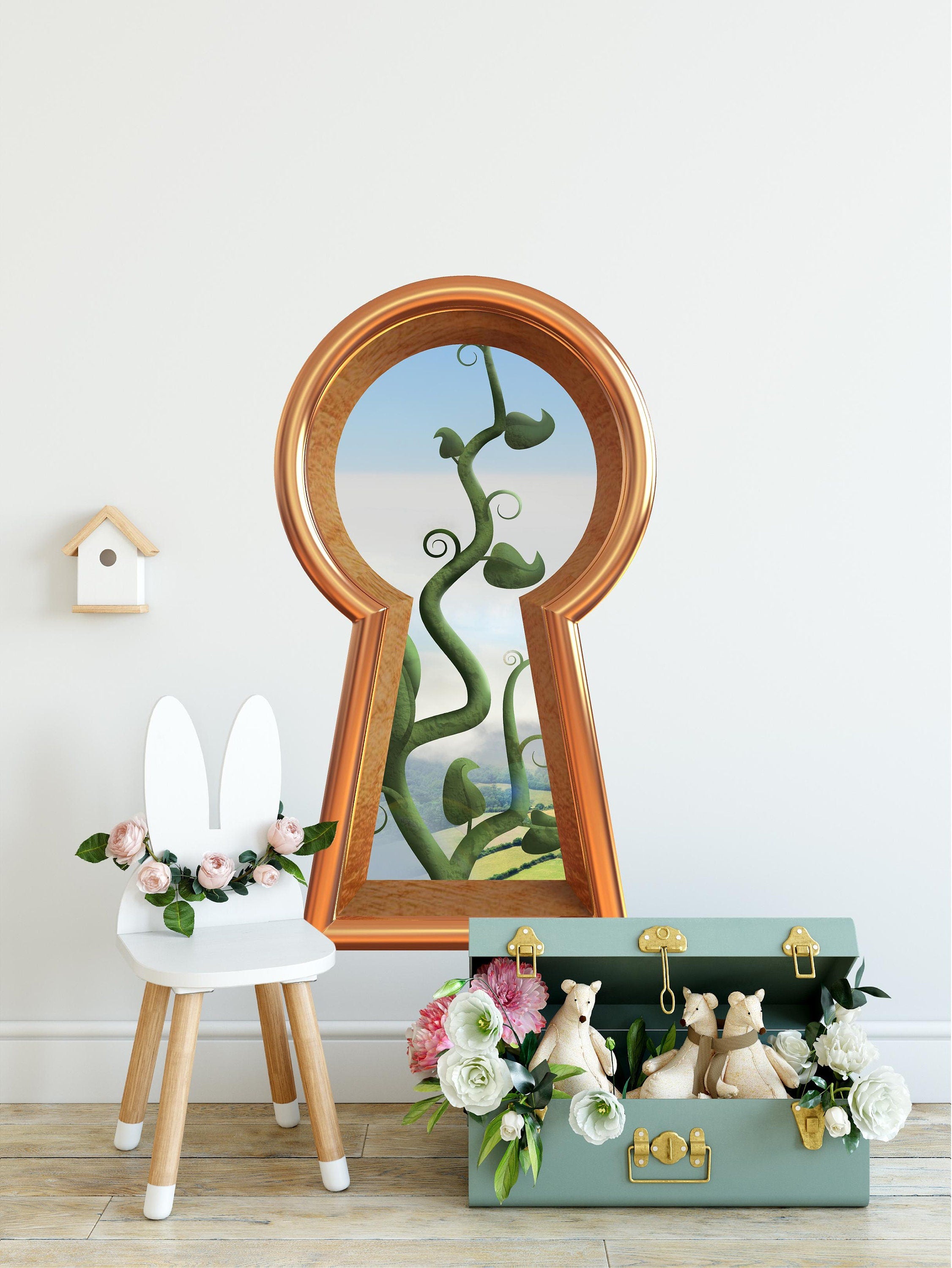 3d Keyhole Fabric Wall Decal - Jack's Beanstalk Fairytale Scene - 3D Keyhole Wall Sticker - Wonderland Decal - Removable