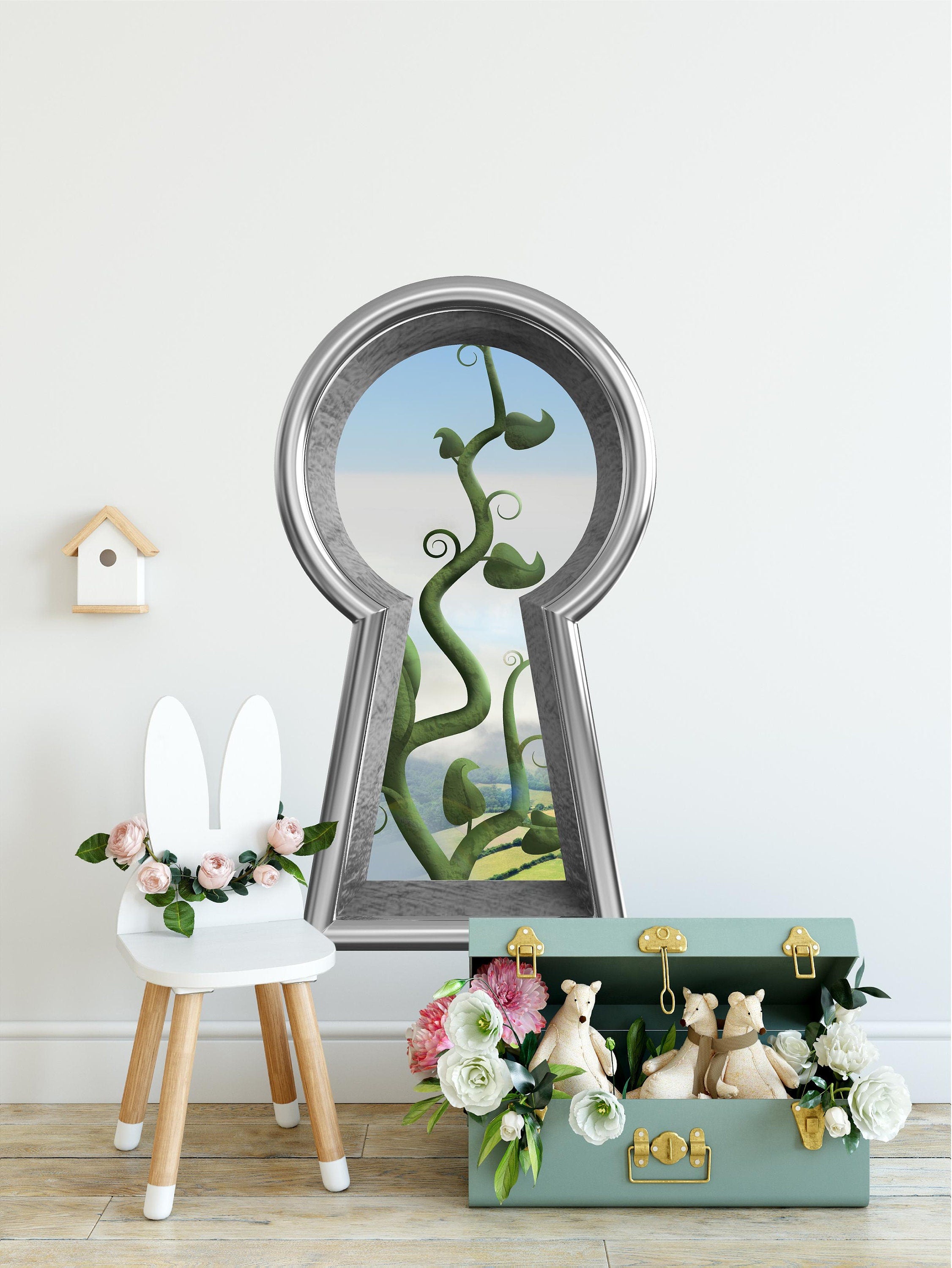 3d Keyhole Fabric Wall Decal - Jack's Beanstalk Fairytale Scene - 3D Keyhole Wall Sticker - Wonderland Decal - Removable
