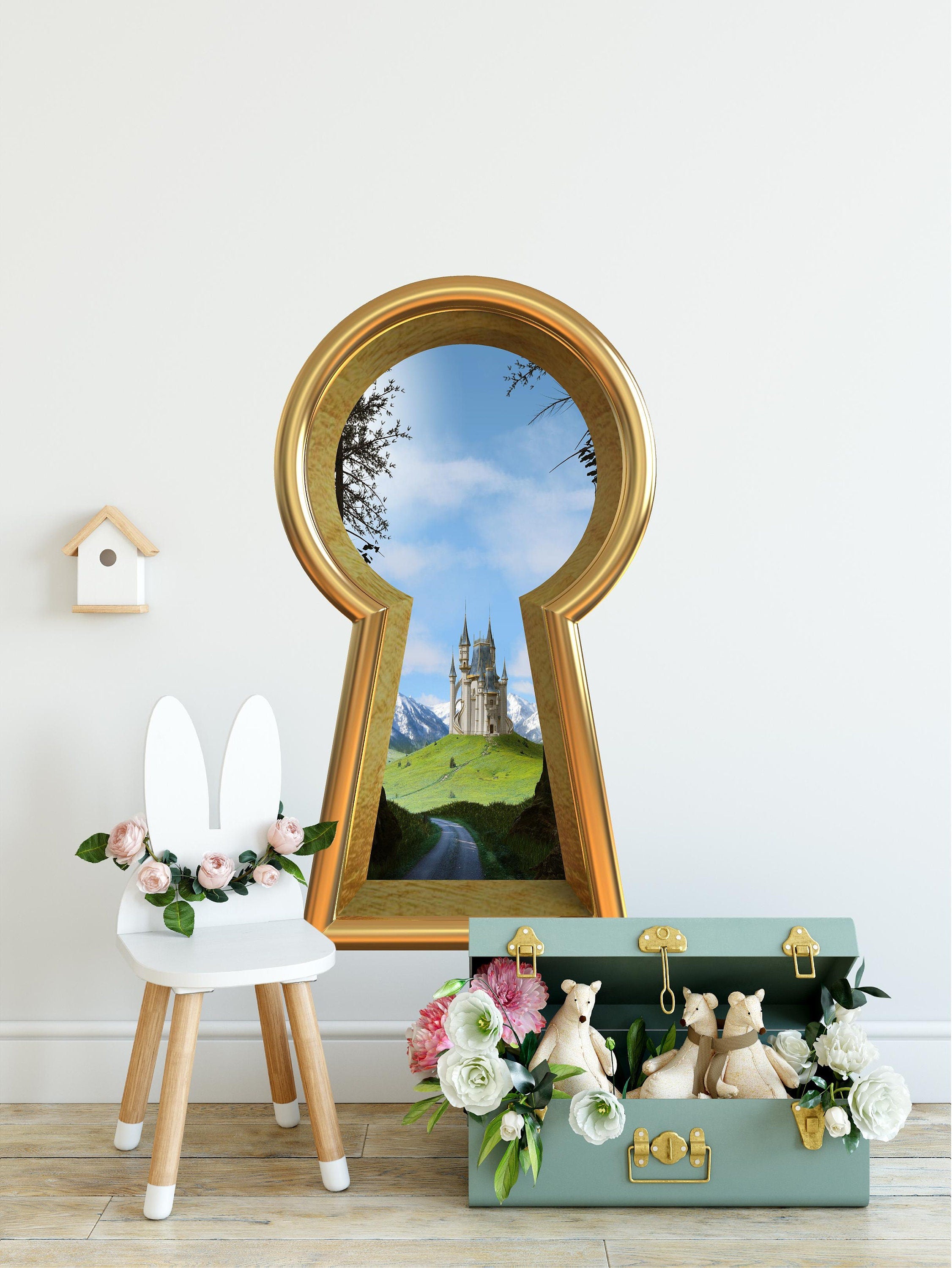 3d Keyhole Fabric Wall Decal - Princess Castle View From Forest - 3D Keyhole Wall Sticker - Enchanted Wonderland - Removable