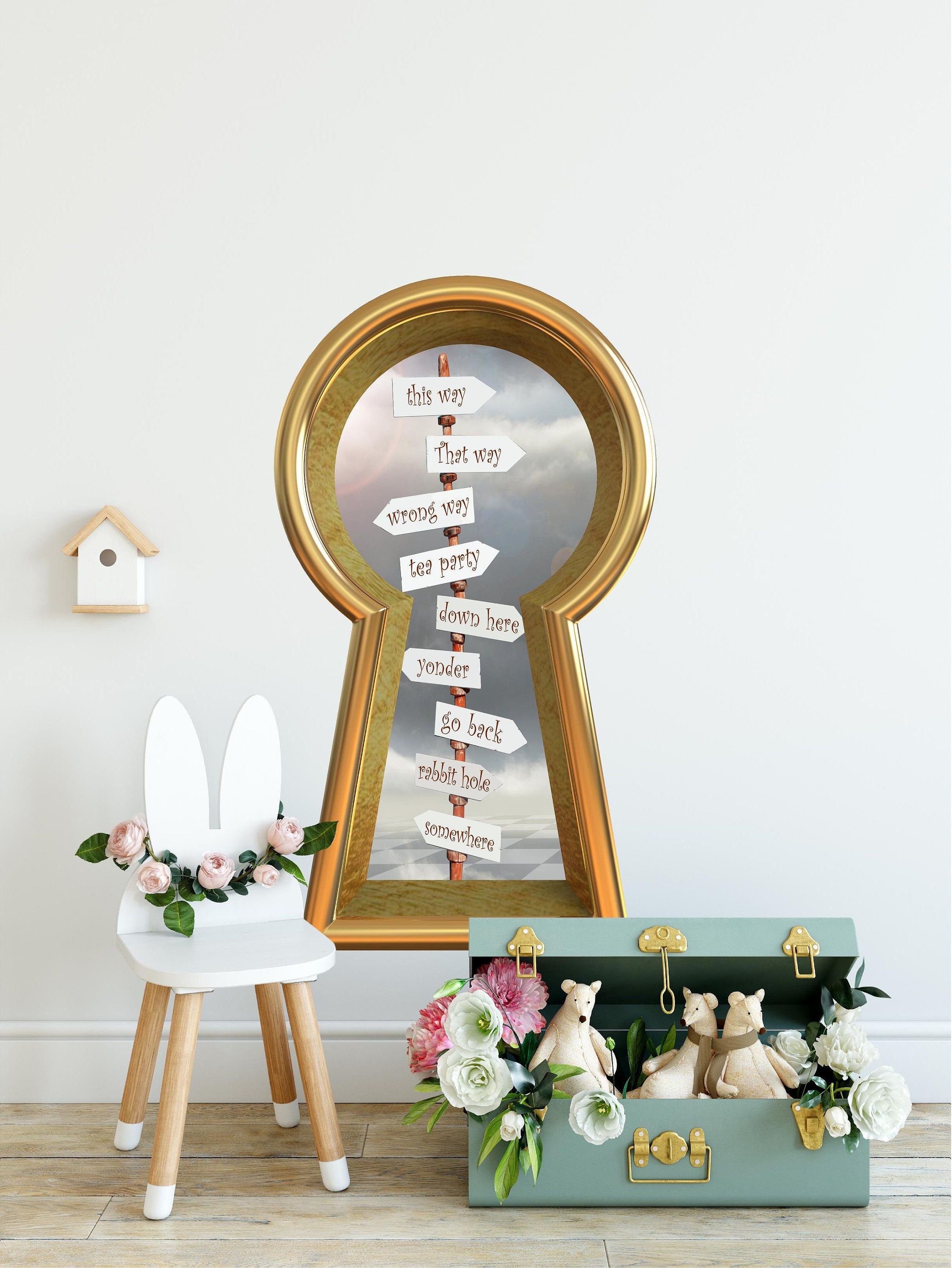 Wonderland Signpost 3d Keyhole Fabric Wall Decal - Sign Post This Way That Way - 3D Keyhole Wall Sticker - Removable