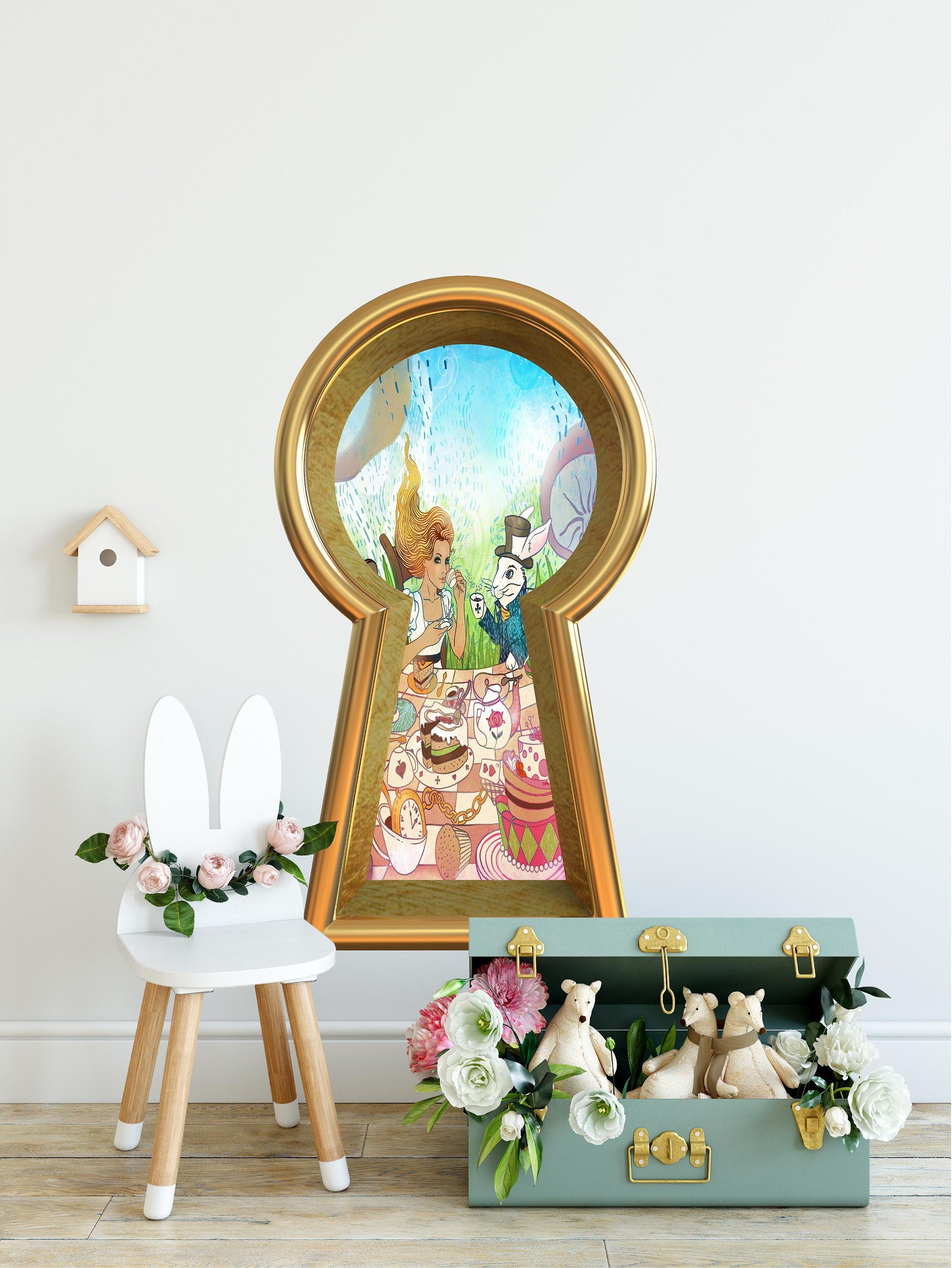 Wonderland 3d Keyhole Fabric Wall Decal - Mad Hatter's Tea Party - 3D Keyhole Wall Sticker - Wonderland Decal - Removable