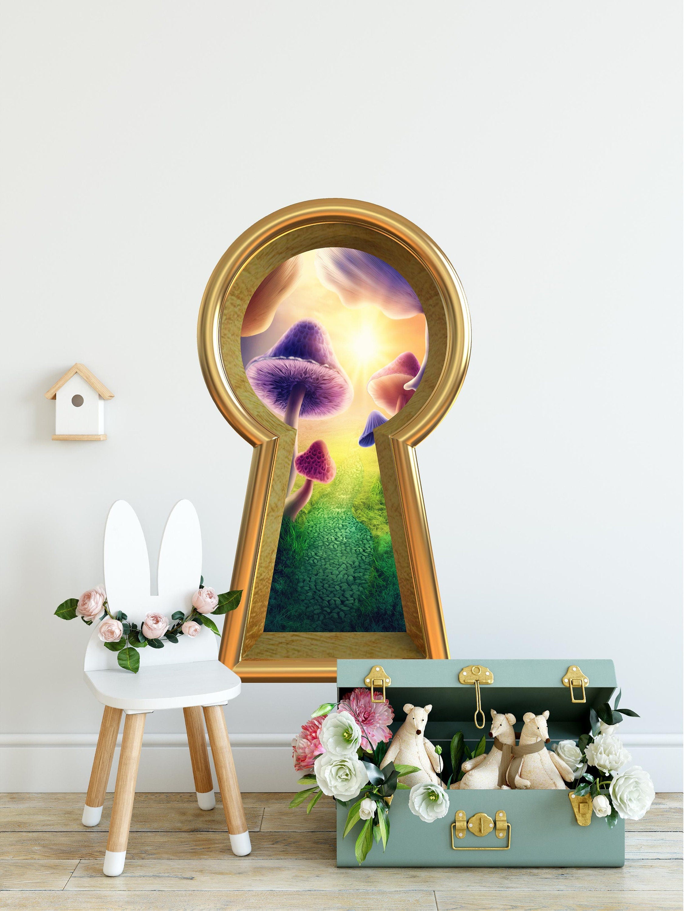 3d Keyhole Fabric Wall Decal - Mushroom Wonderland Brick Path - 3D Keyhole Wall Sticker - Wonderland Decal - Removable