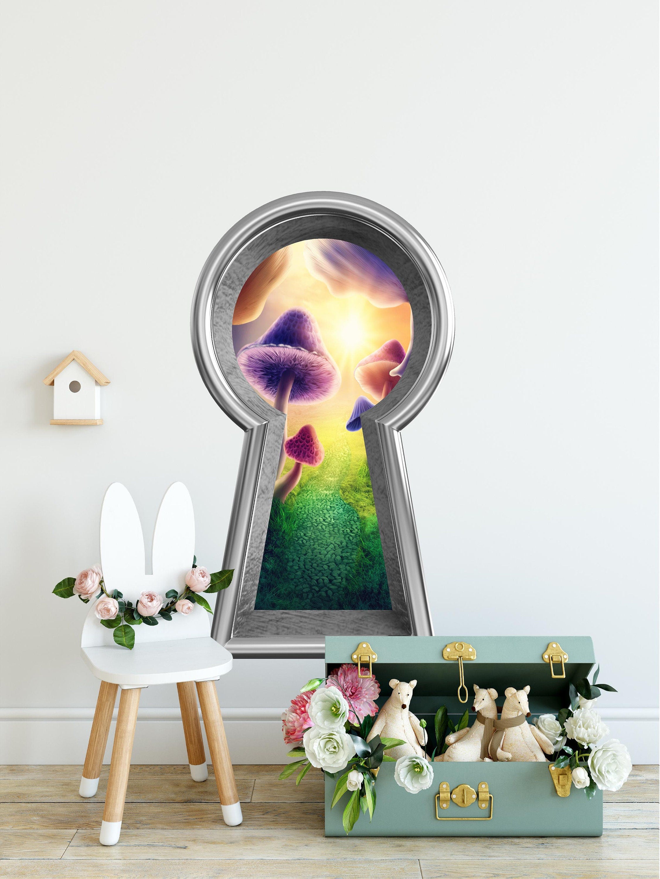 3d Keyhole Fabric Wall Decal - Mushroom Wonderland Brick Path - 3D Keyhole Wall Sticker - Wonderland Decal - Removable