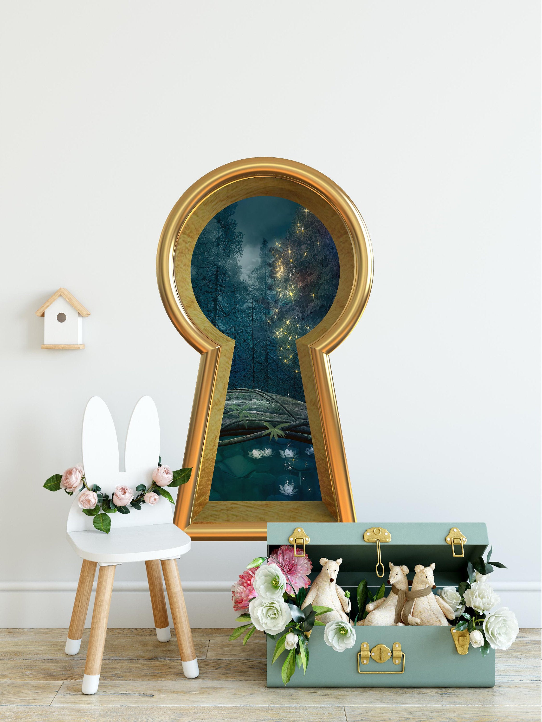 3d Keyhole Fabric Wall Decal - Enchanted Dark Forest Pond Water Lillies - 3D Keyhole Wall Sticker - Fairytale Decal - Removable