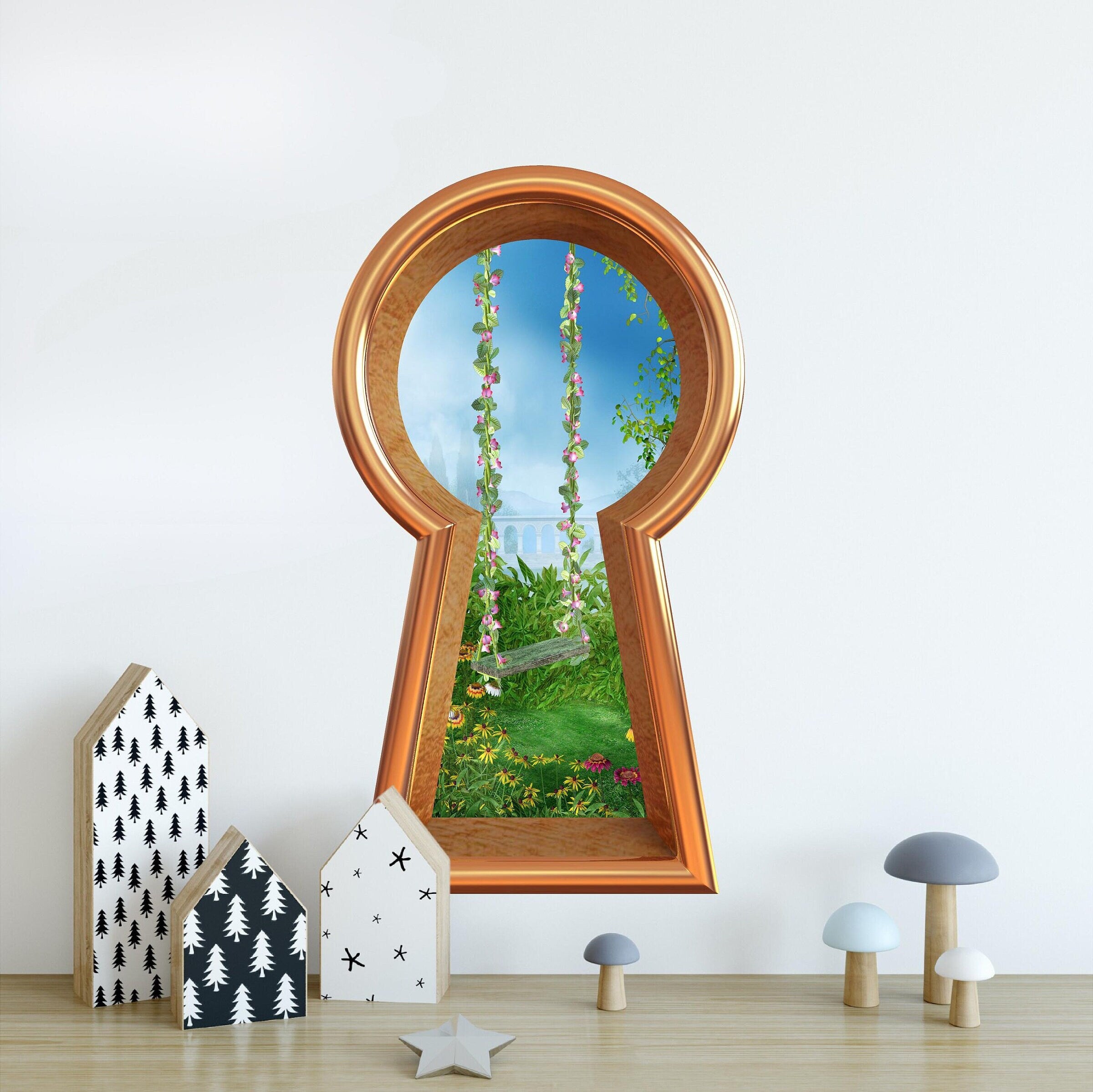 3d Keyhole Fabric Wall Decal - Enchanted Garden Swing - Fantasy 3D Hole Wall Sticker - Removable & Repositionable