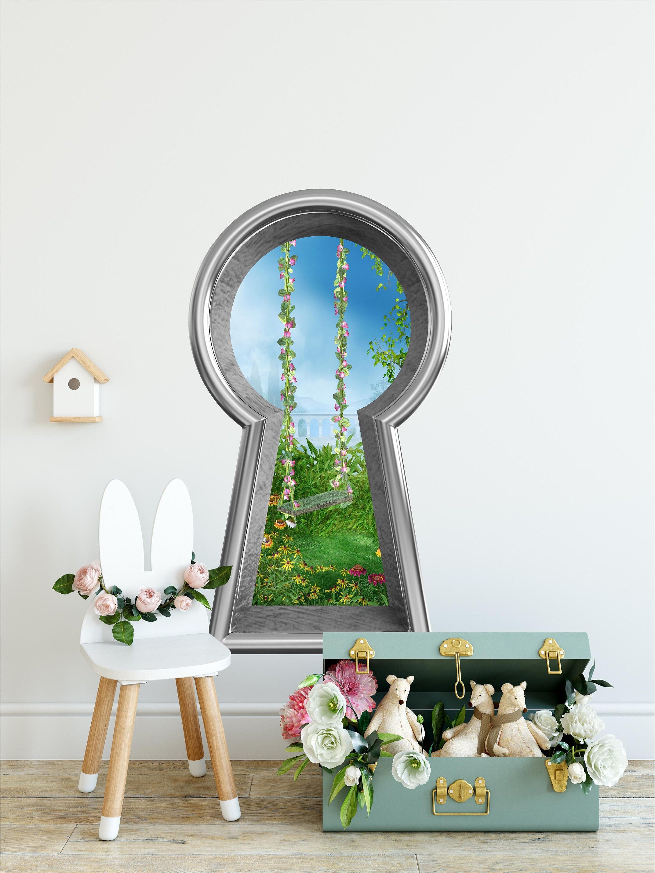 3d Keyhole Fabric Wall Decal - Enchanted Garden Swing - Fantasy 3D Hole Wall Sticker - Removable & Repositionable