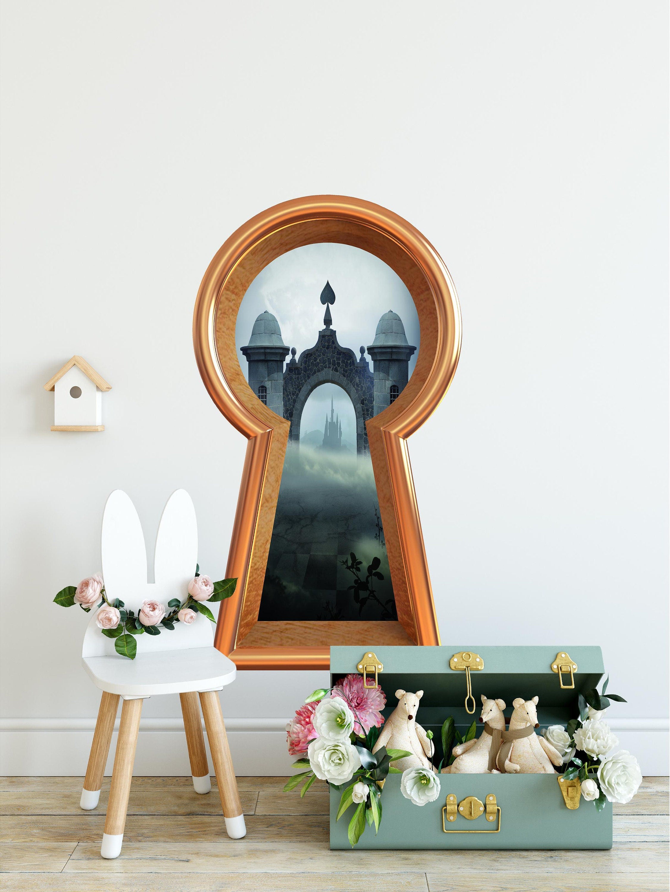 3d Keyhole Fabric Wall Decal - Queen of Spades Castle - Wonderland 3D Hole Wall Sticker - Removable & Repositionable