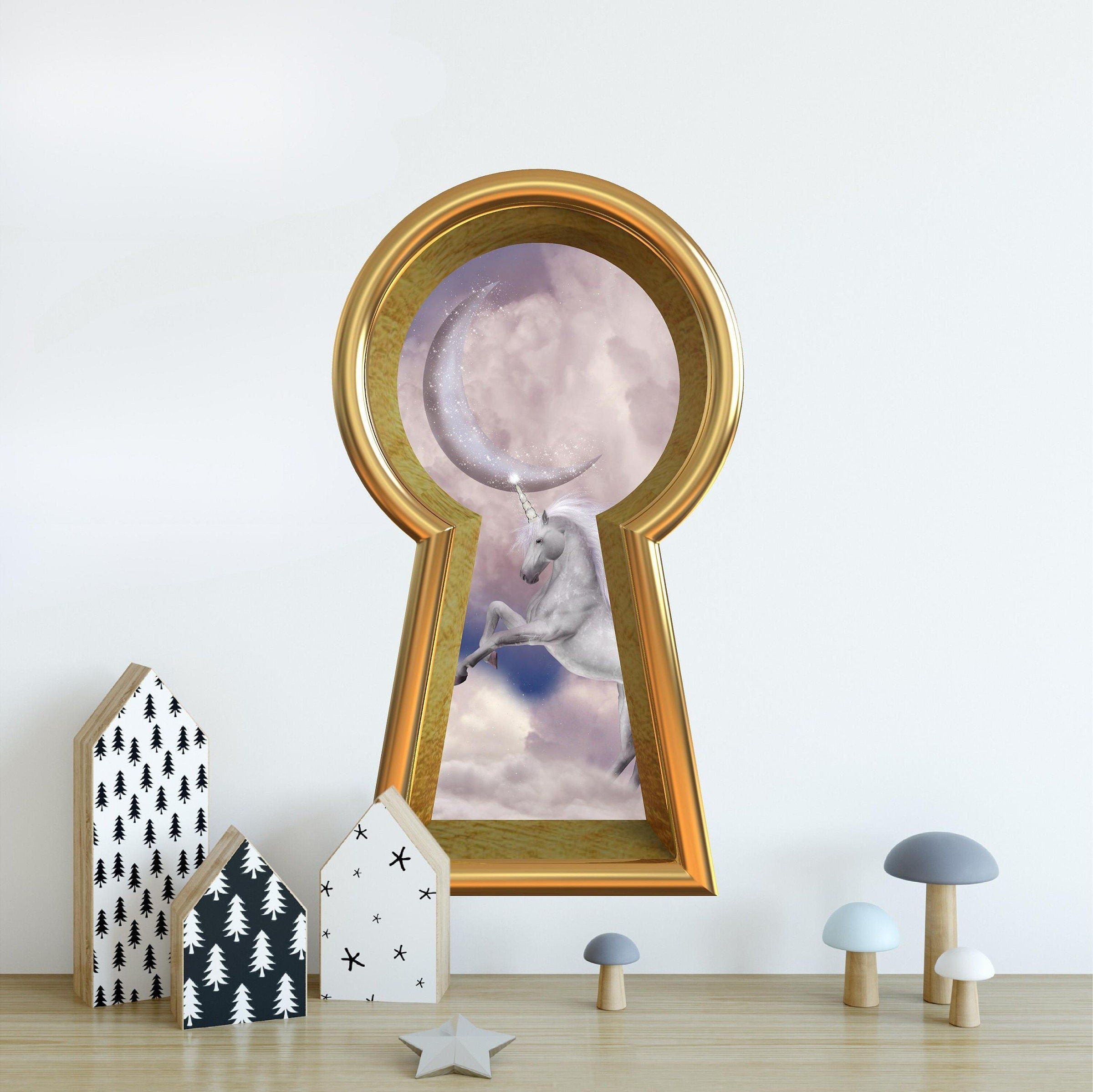3d Keyhole Fabric Wall Decal - Unicorn In Clouds Moon - 3D Keyhole Wall Sticker - Wonderland Fantasy Decal - Removable