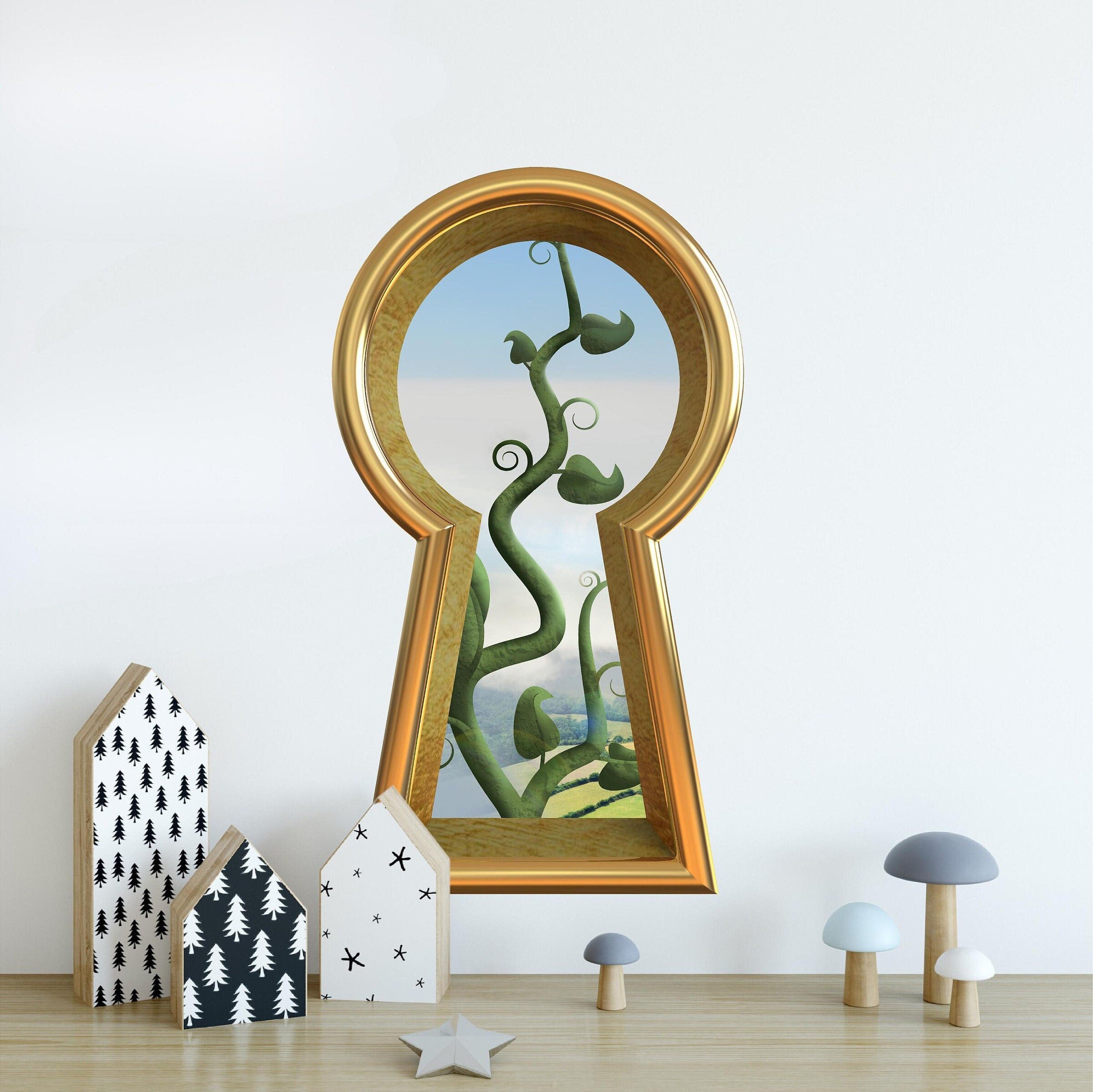3d Keyhole Fabric Wall Decal - Jack's Beanstalk Fairytale Scene - 3D Keyhole Wall Sticker - Wonderland Decal - Removable