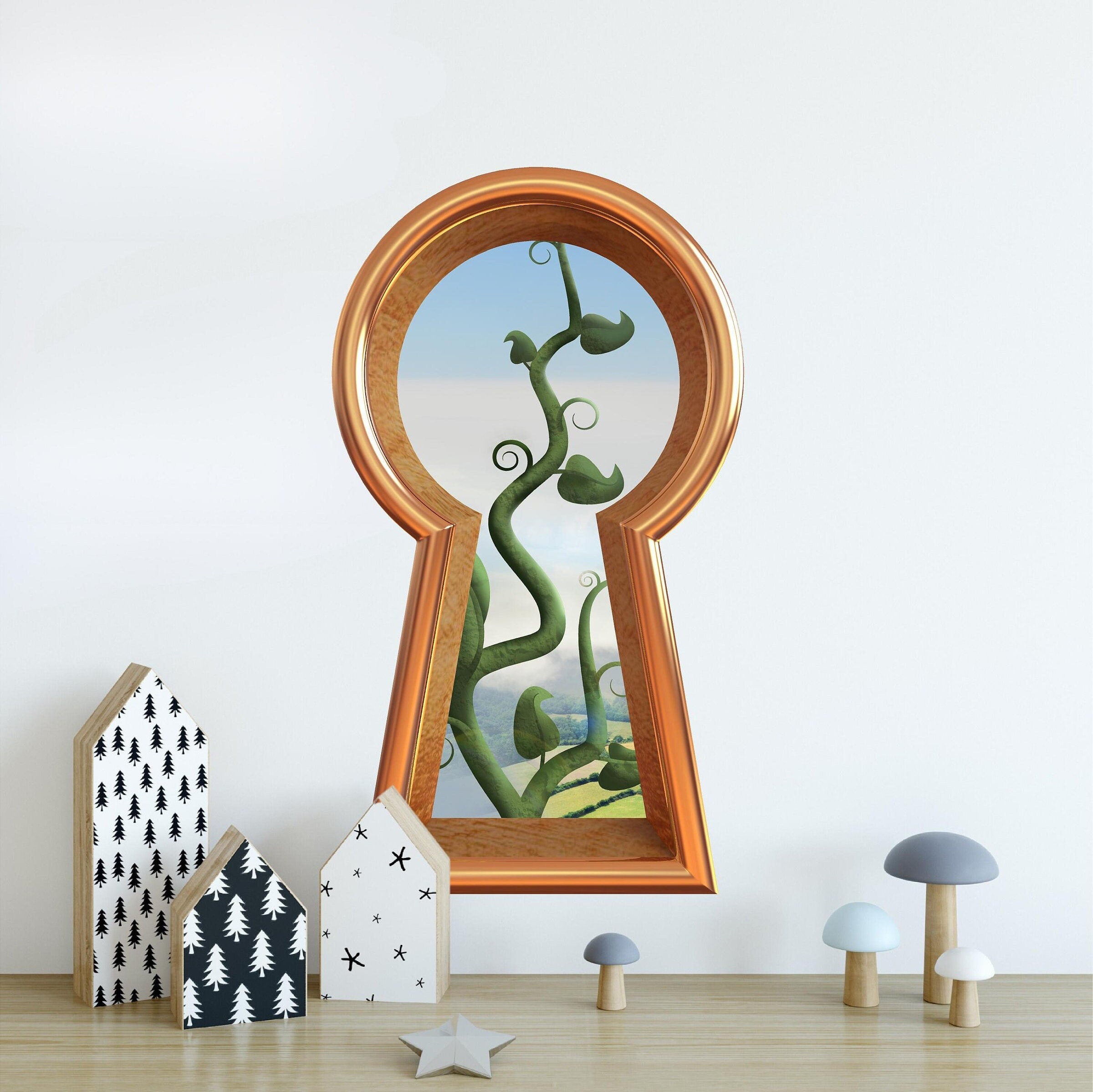 3d Keyhole Fabric Wall Decal - Jack's Beanstalk Fairytale Scene - 3D Keyhole Wall Sticker - Wonderland Decal - Removable