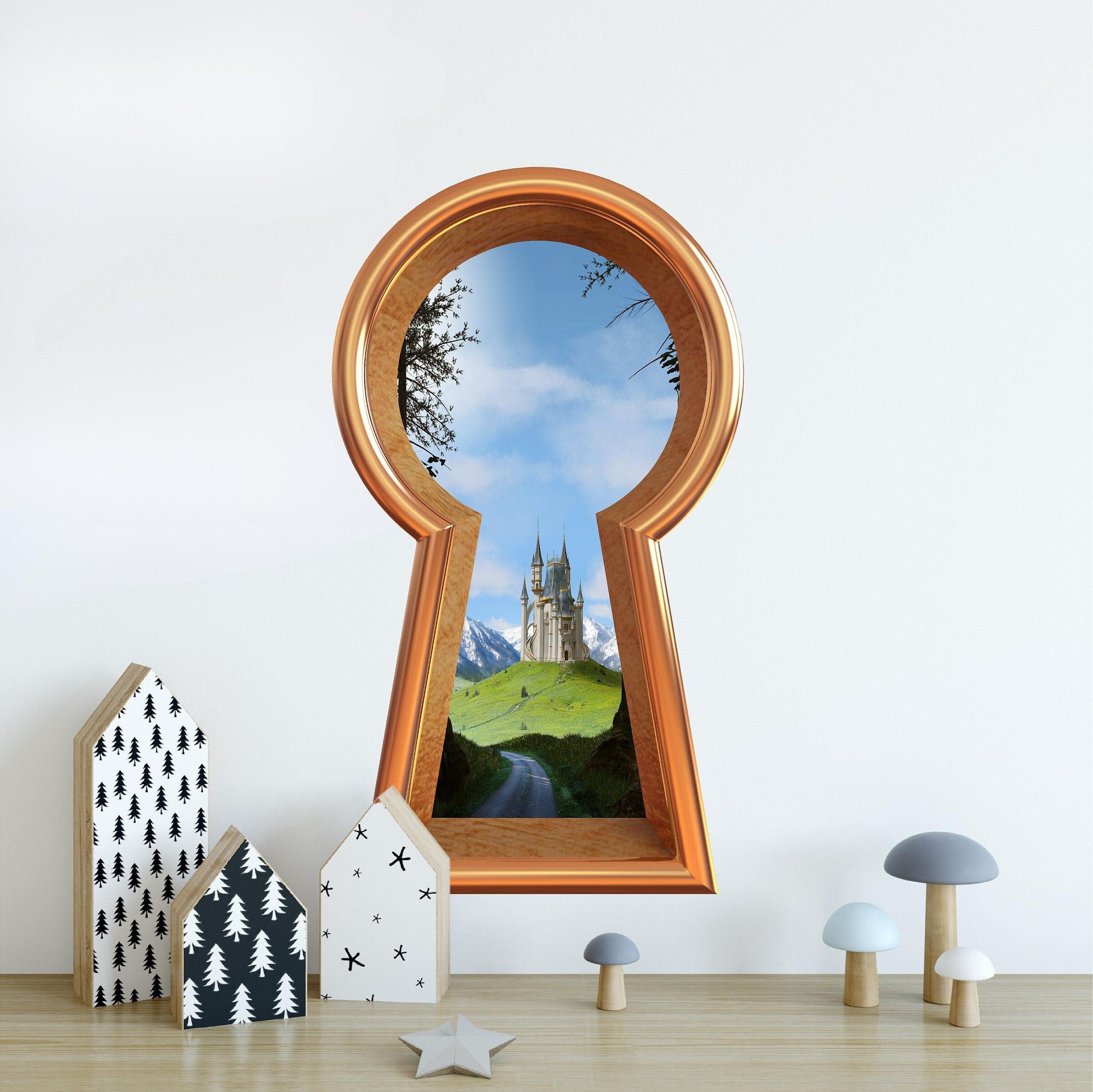 3d Keyhole Fabric Wall Decal - Princess Castle View From Forest - 3D Keyhole Wall Sticker - Enchanted Wonderland - Removable