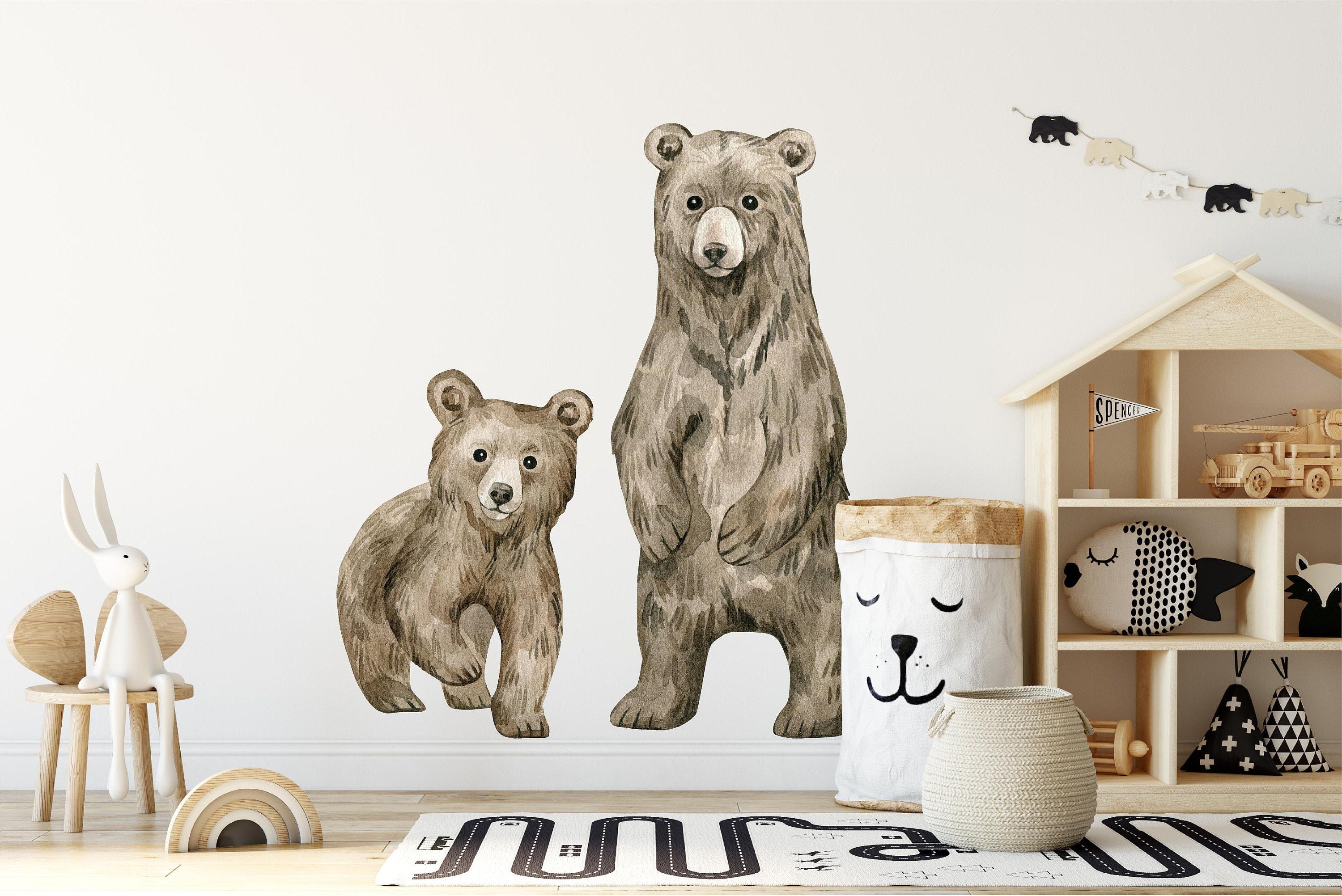 Brown Baby Bear Cubs Wall Decal Set of 2 Watercolor Woodland Forest Animal Fabric Wall Stickers