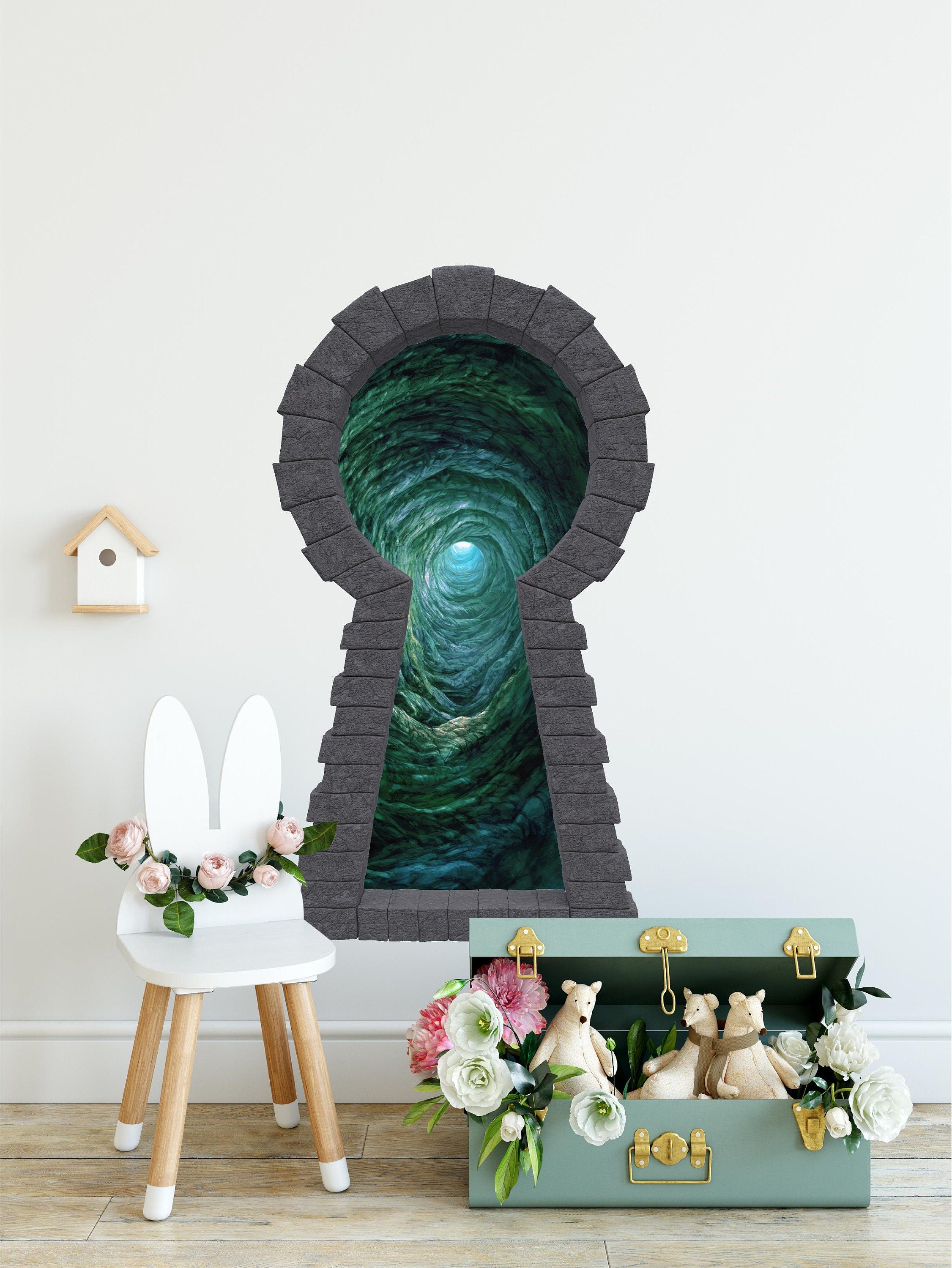 Wonderland 3d Stone Keyhole Fabric Wall Decal - Down The Rabbit Hole #2 - 3D Brick Keyhole Wall Sticker - Wonderland Party - Removable
