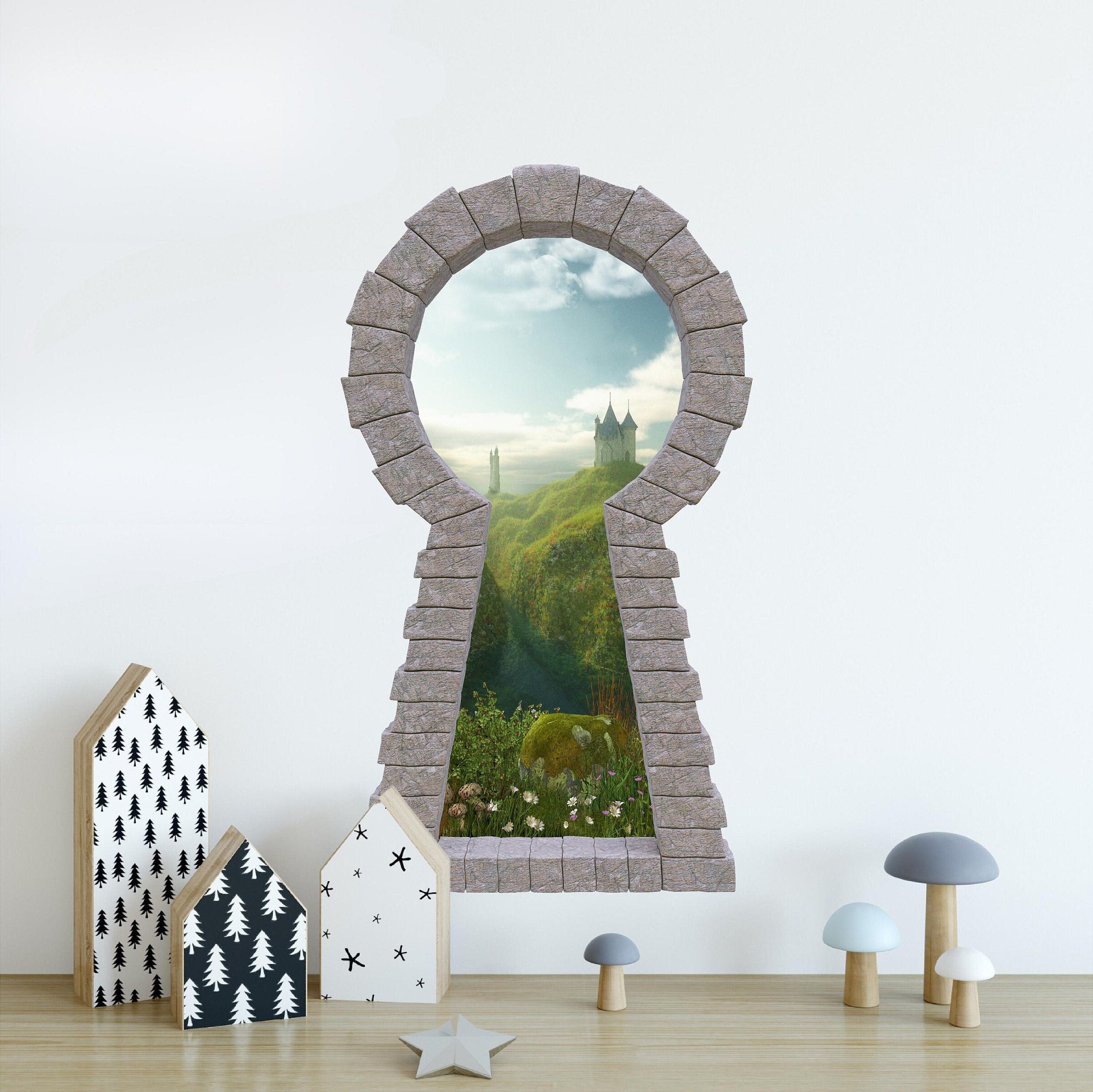 3d Stone Keyhole Fabric Wall Decal - Castle By The Sea Cliff - 3D Brick Keyhole Wall Sticker - Fairytale Window Wall Decal - Removable