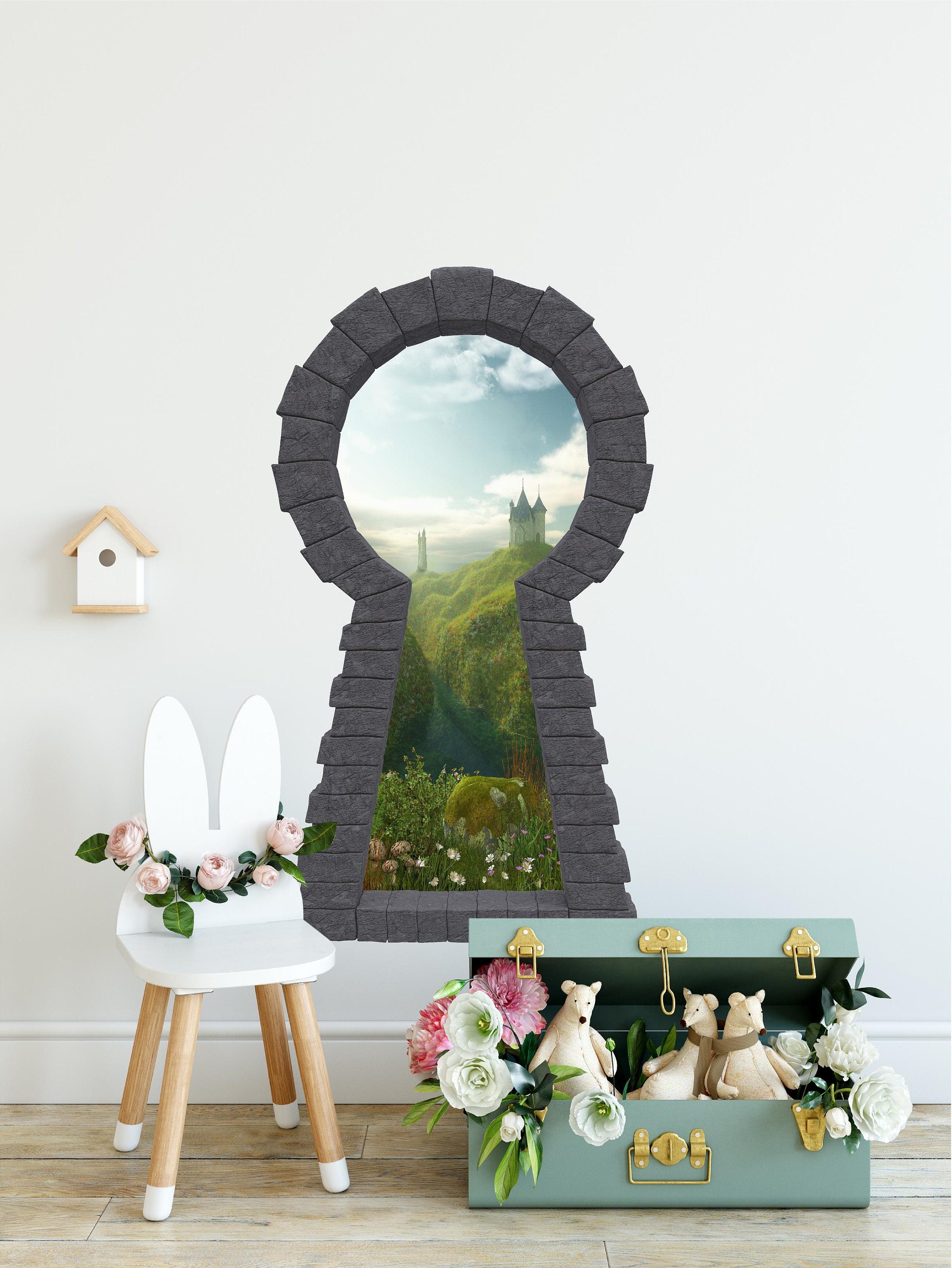3d Stone Keyhole Fabric Wall Decal - Castle By The Sea Cliff - 3D Brick Keyhole Wall Sticker - Fairytale Window Wall Decal - Removable