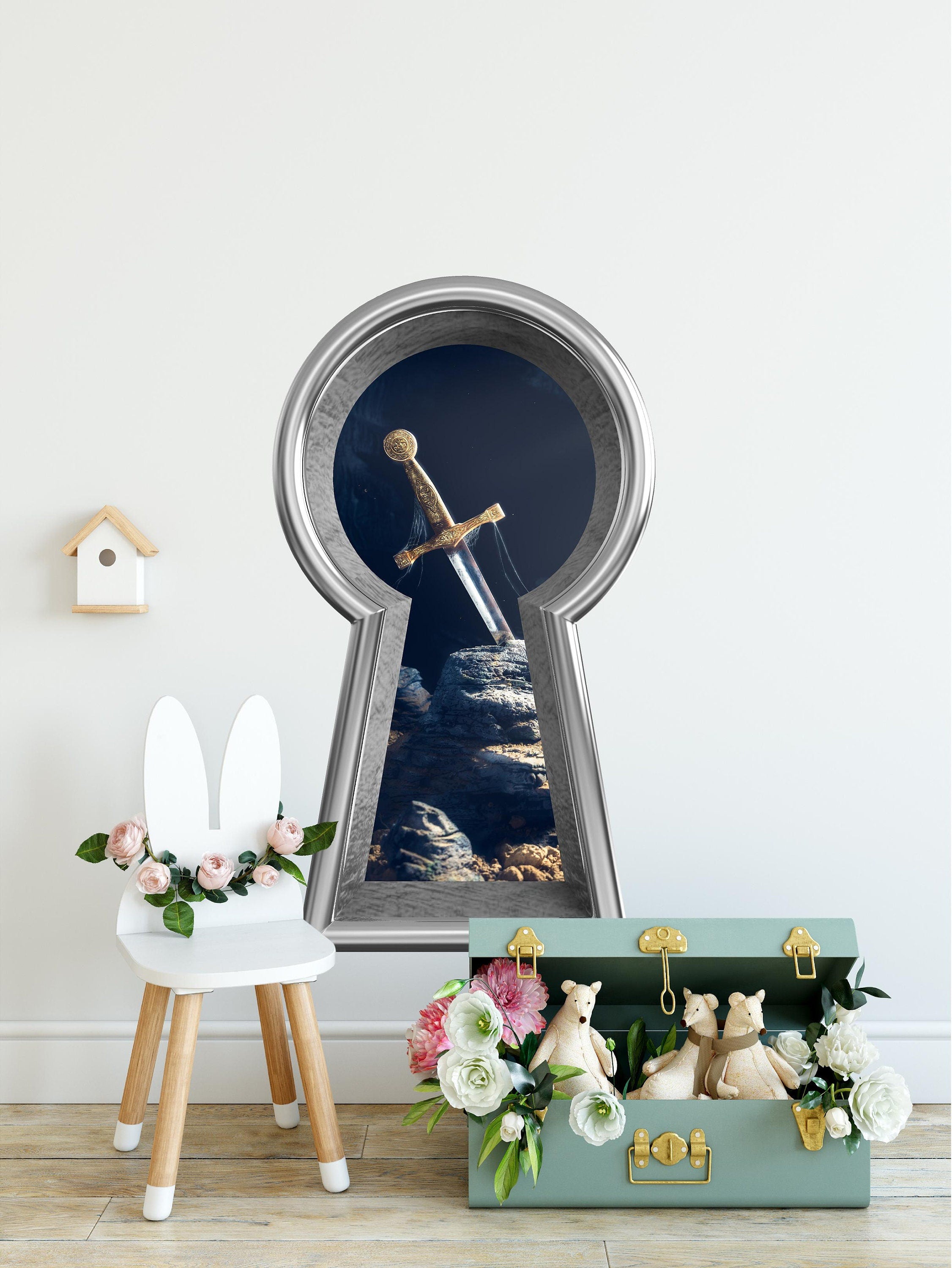 3d Keyhole Fabric Wall Decal - Sword In the Stone - 3D Keyhole Wall Sticker - Fairytale Portal Wall Art - Removable & Repositionable