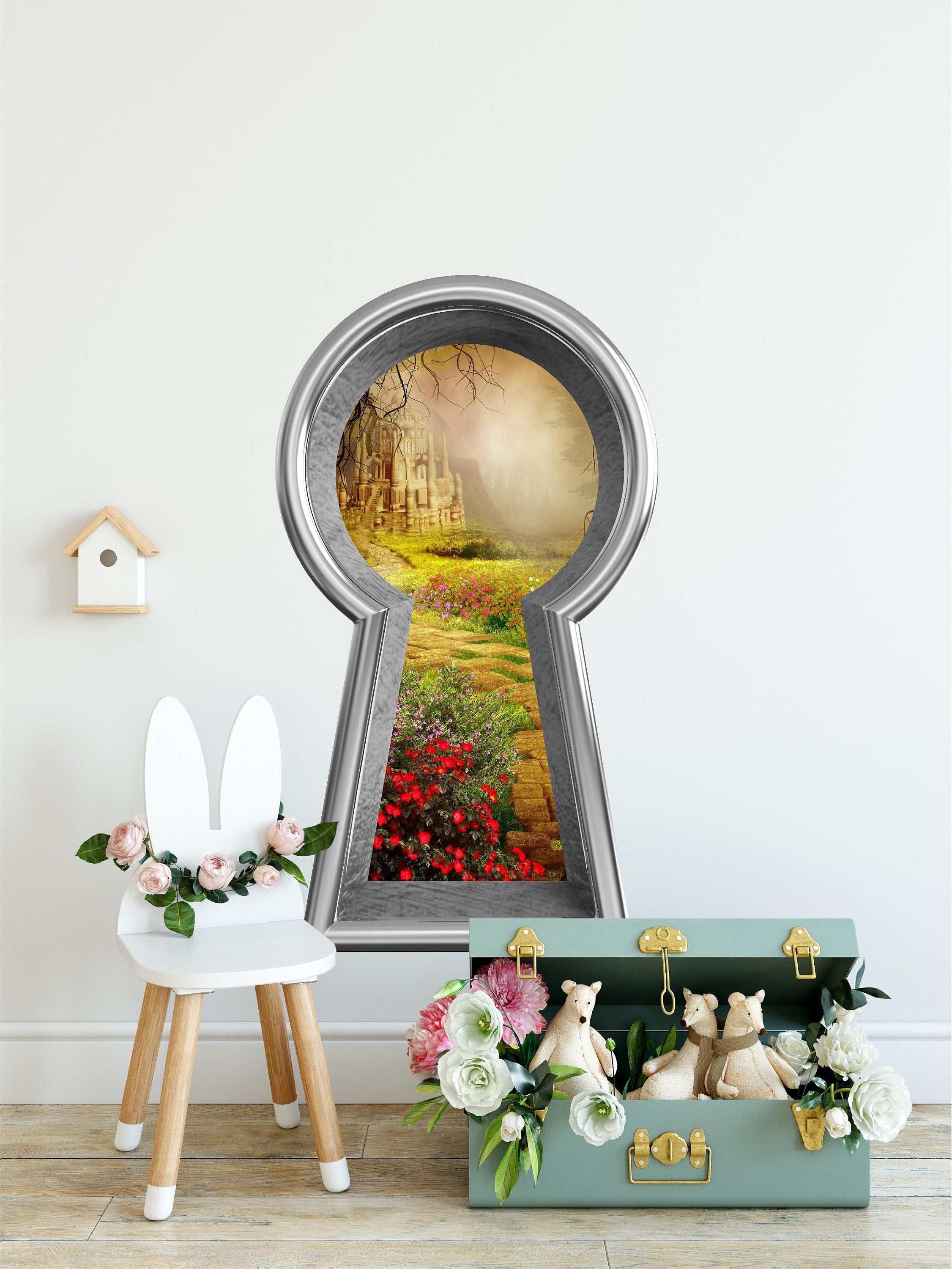 3d Keyhole Fabric Wall Decal - Stone Path To Fairytale Castle - 3D Keyhole Wall Sticker - Wonderland Decal - Removable & Repositionable