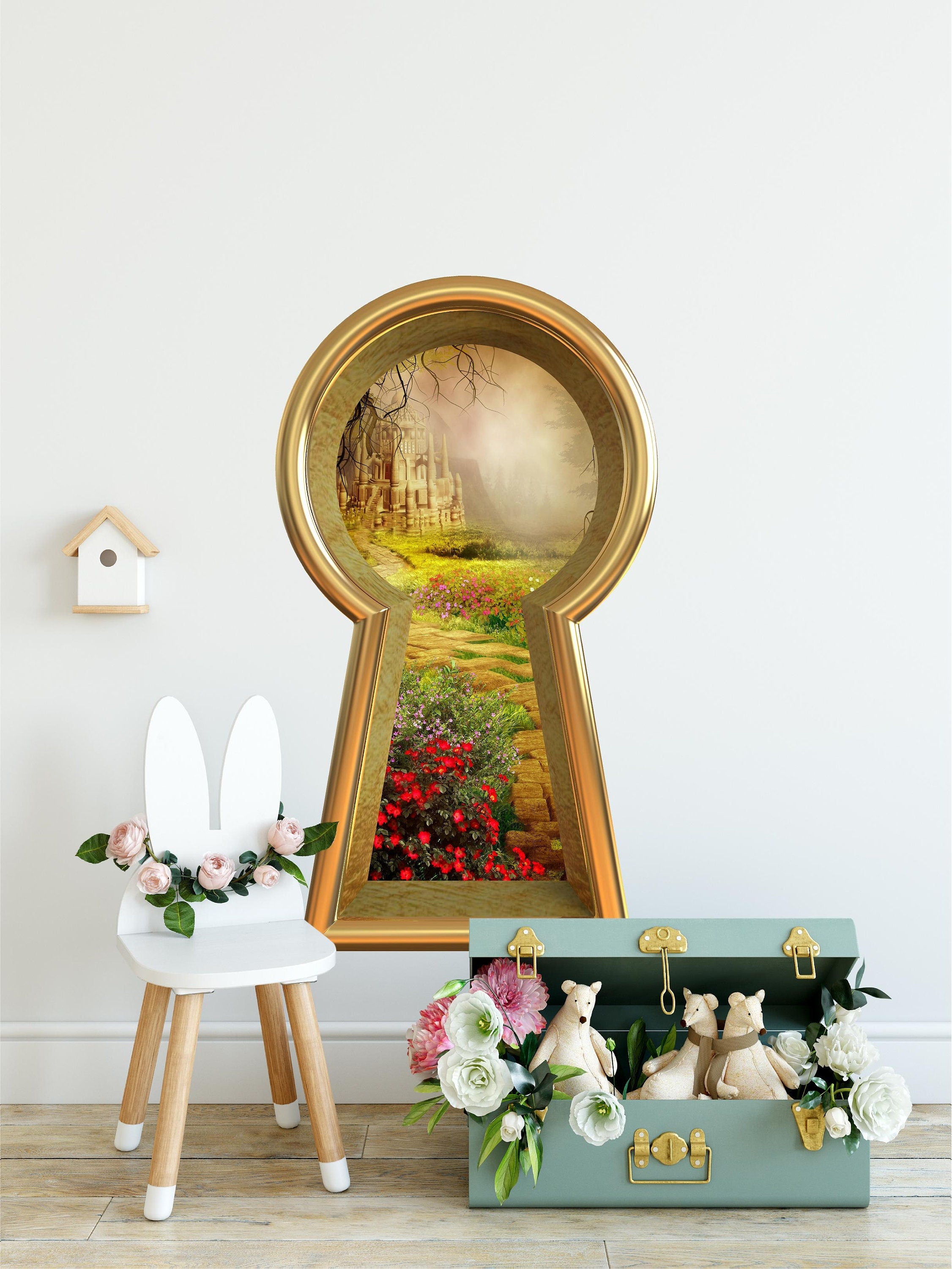 3d Keyhole Fabric Wall Decal - Stone Path To Fairytale Castle - 3D Keyhole Wall Sticker - Wonderland Decal - Removable & Repositionable