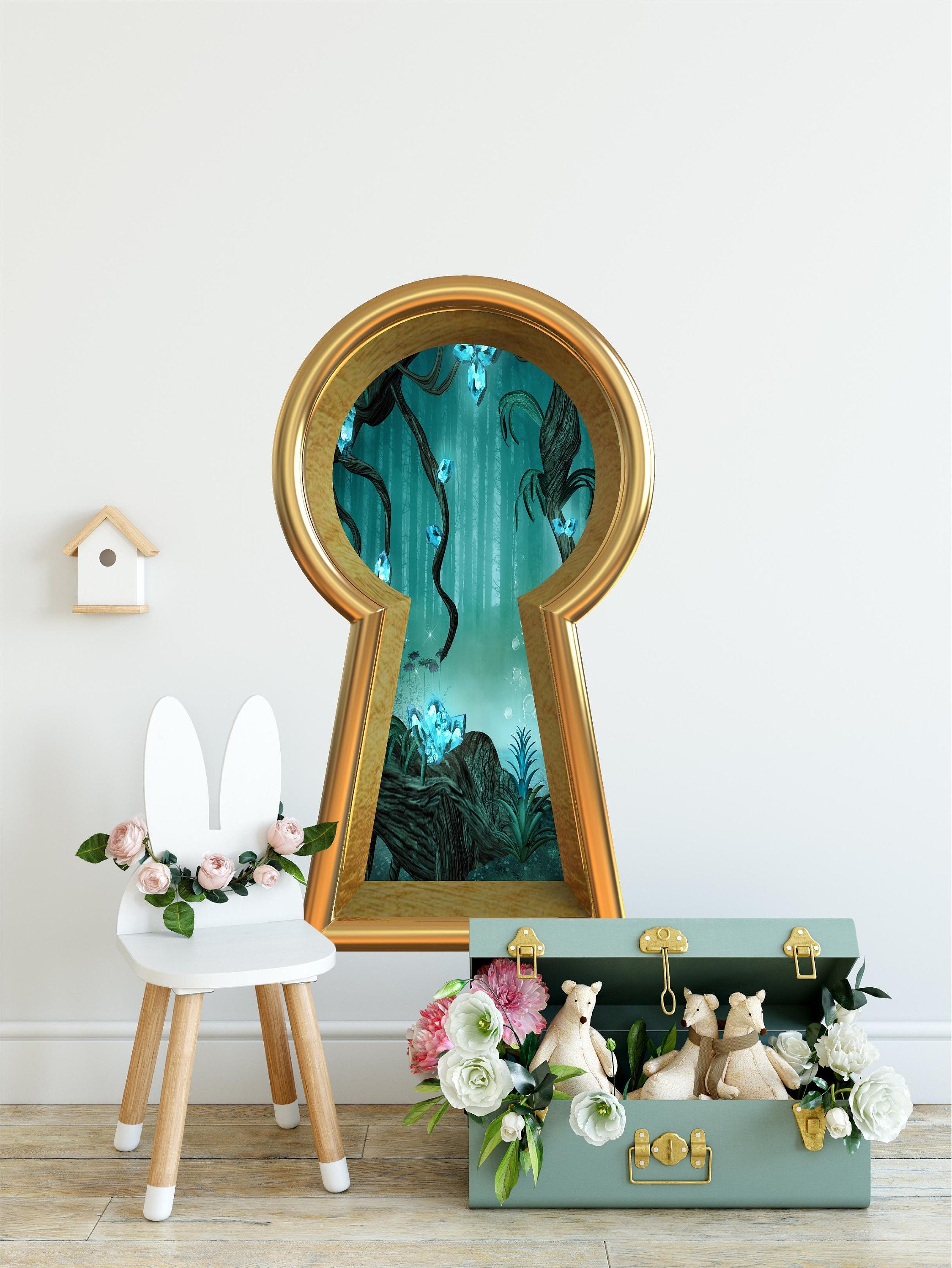 3d Keyhole Fabric Wall Decal - Enchanted Crystal Forest - Fantasy 3D Hole Wall Sticker - Removable & Repositionable