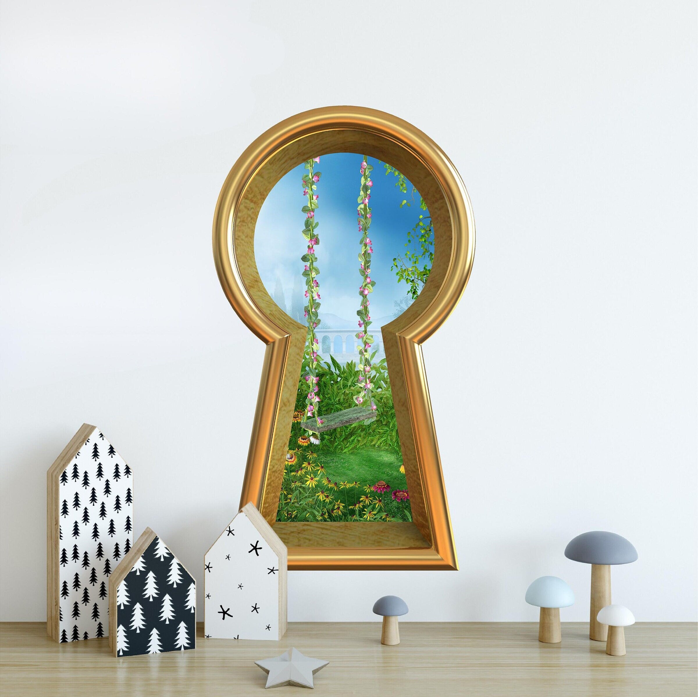 3d Keyhole Fabric Wall Decal - Enchanted Garden Swing - Fantasy 3D Hole Wall Sticker - Removable & Repositionable