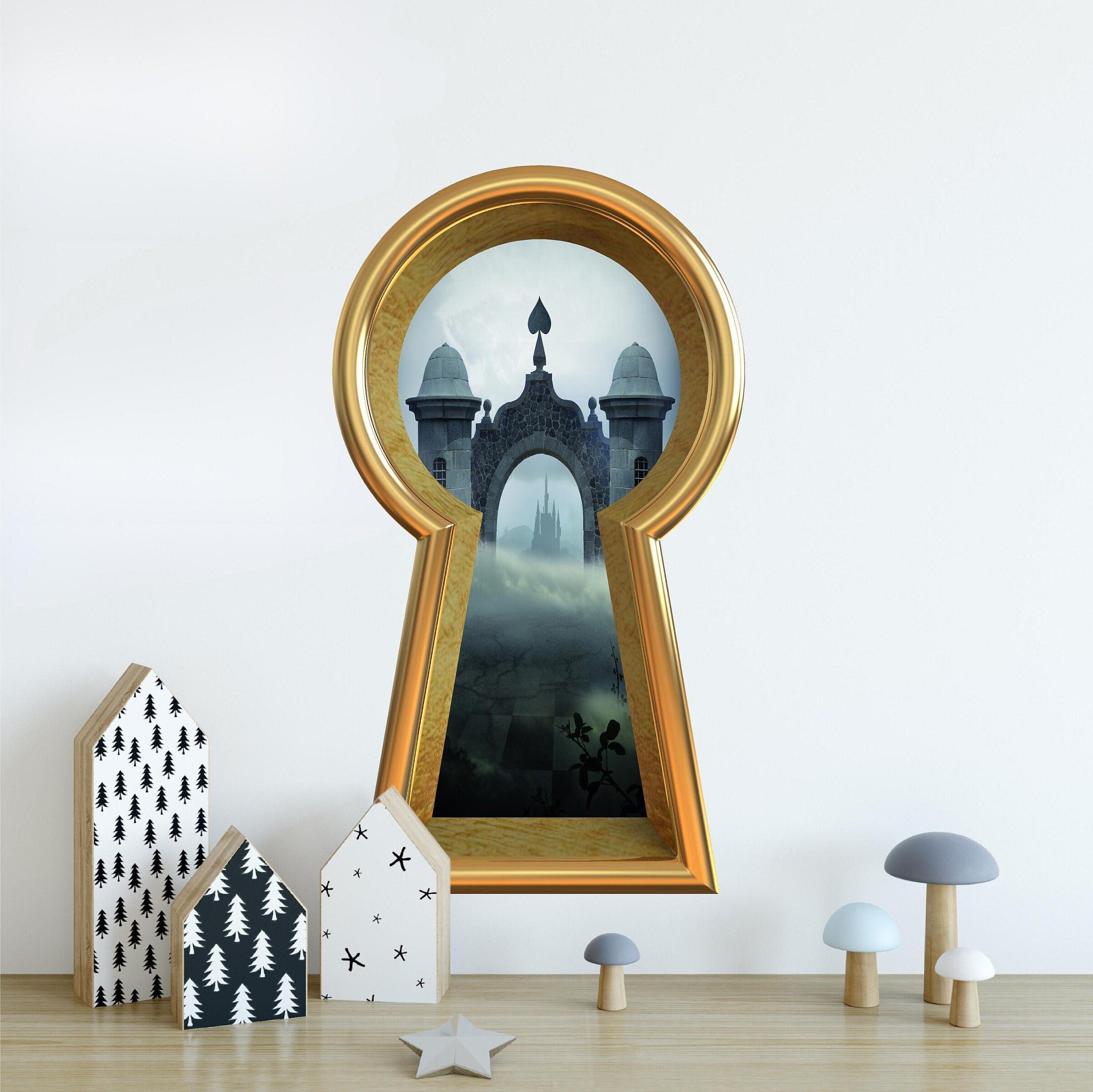 3d Keyhole Fabric Wall Decal - Queen of Spades Castle - Wonderland 3D Hole Wall Sticker - Removable & Repositionable
