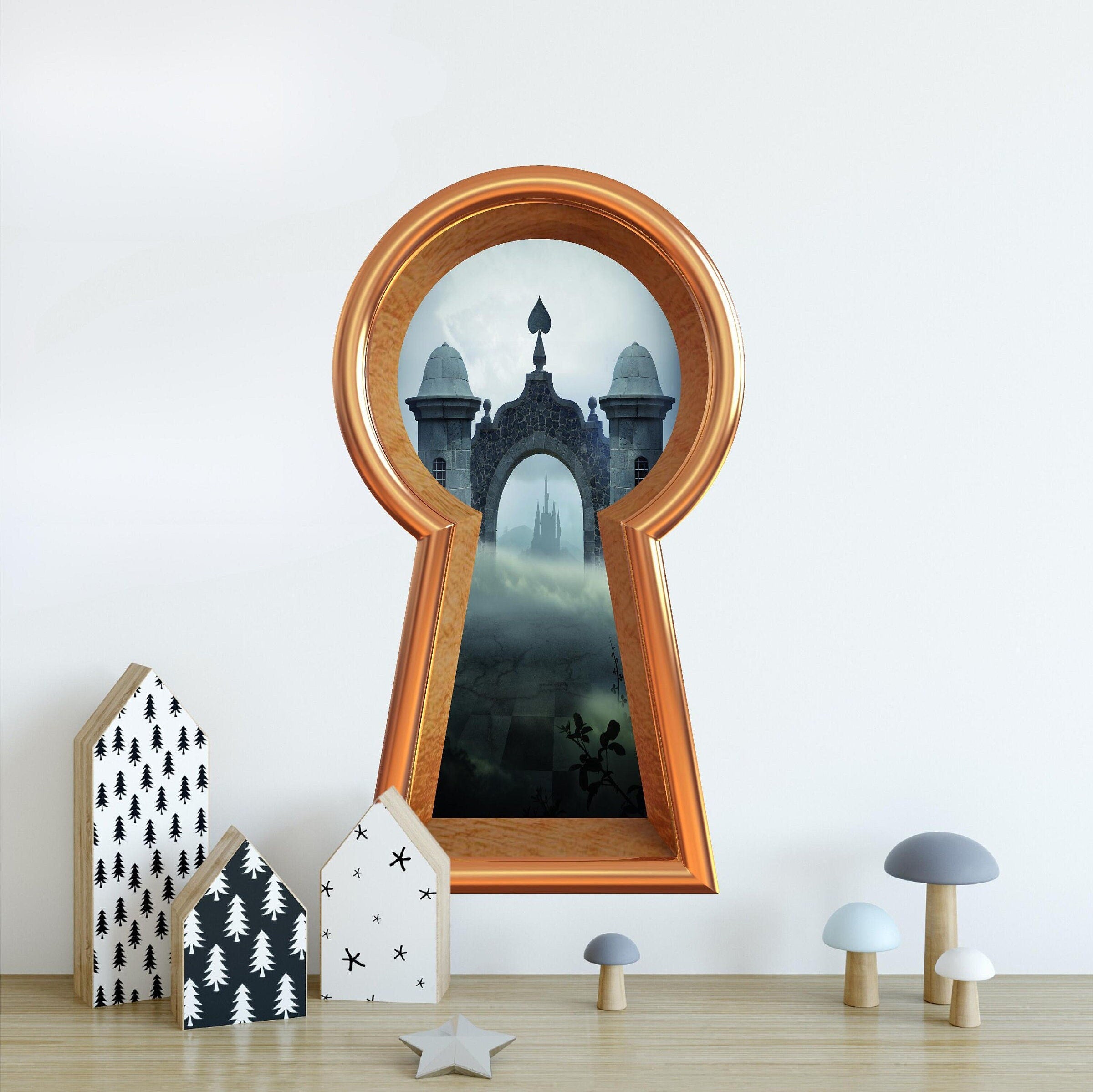 3d Keyhole Fabric Wall Decal - Queen of Spades Castle - Wonderland 3D Hole Wall Sticker - Removable & Repositionable
