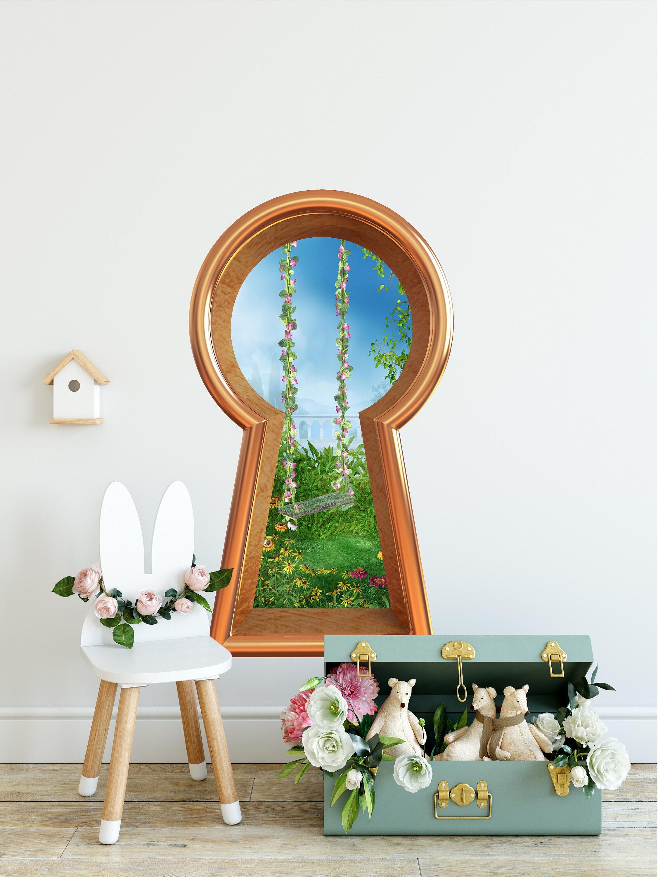 3d Keyhole Fabric Wall Decal - Enchanted Garden Swing - Fantasy 3D Hole Wall Sticker - Removable & Repositionable