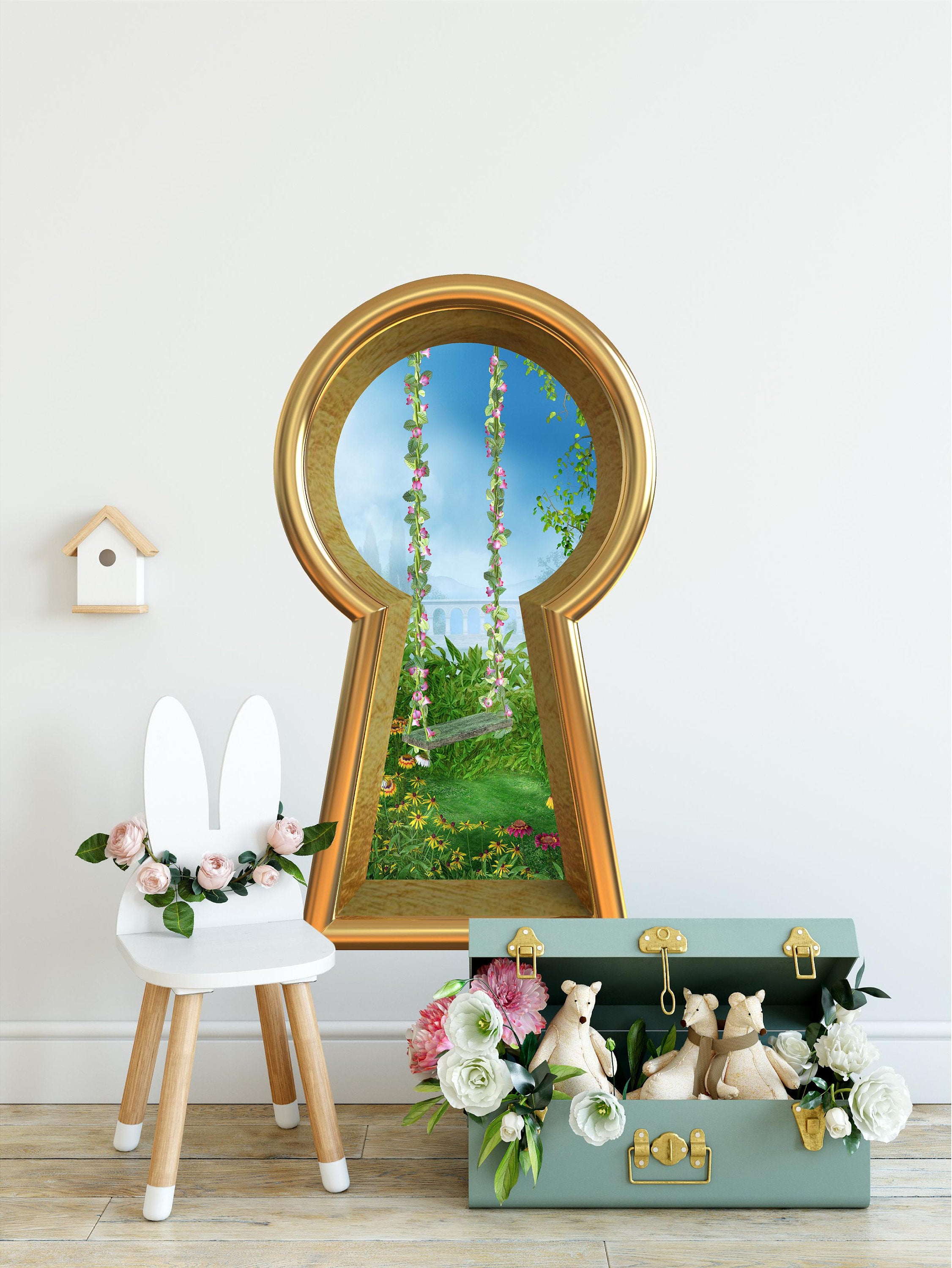 3d Keyhole Fabric Wall Decal - Enchanted Garden Swing - Fantasy 3D Hole Wall Sticker - Removable & Repositionable