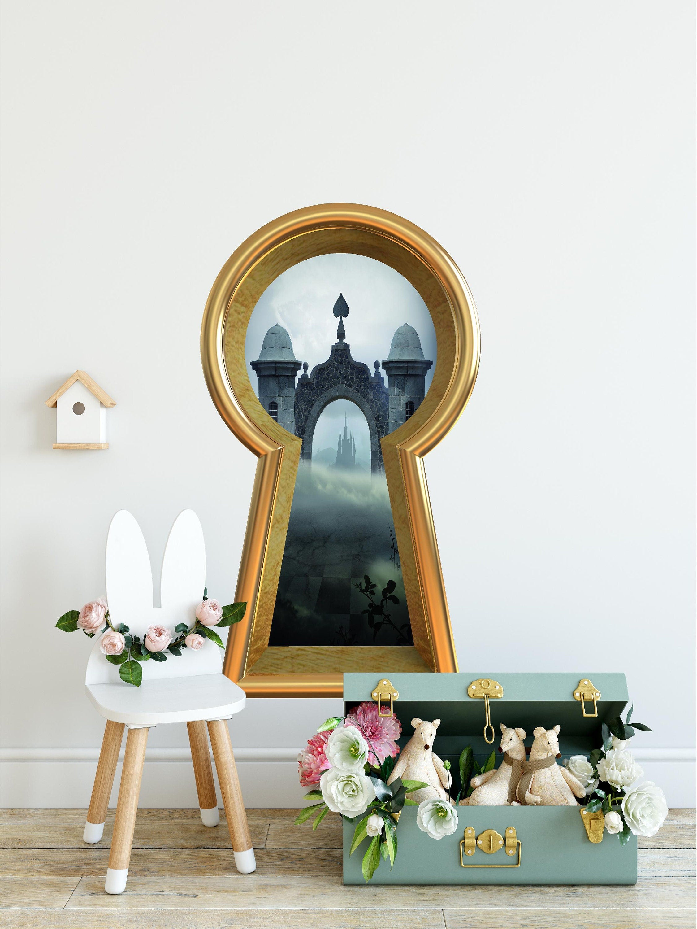 3d Keyhole Fabric Wall Decal - Queen of Spades Castle - Wonderland 3D Hole Wall Sticker - Removable & Repositionable