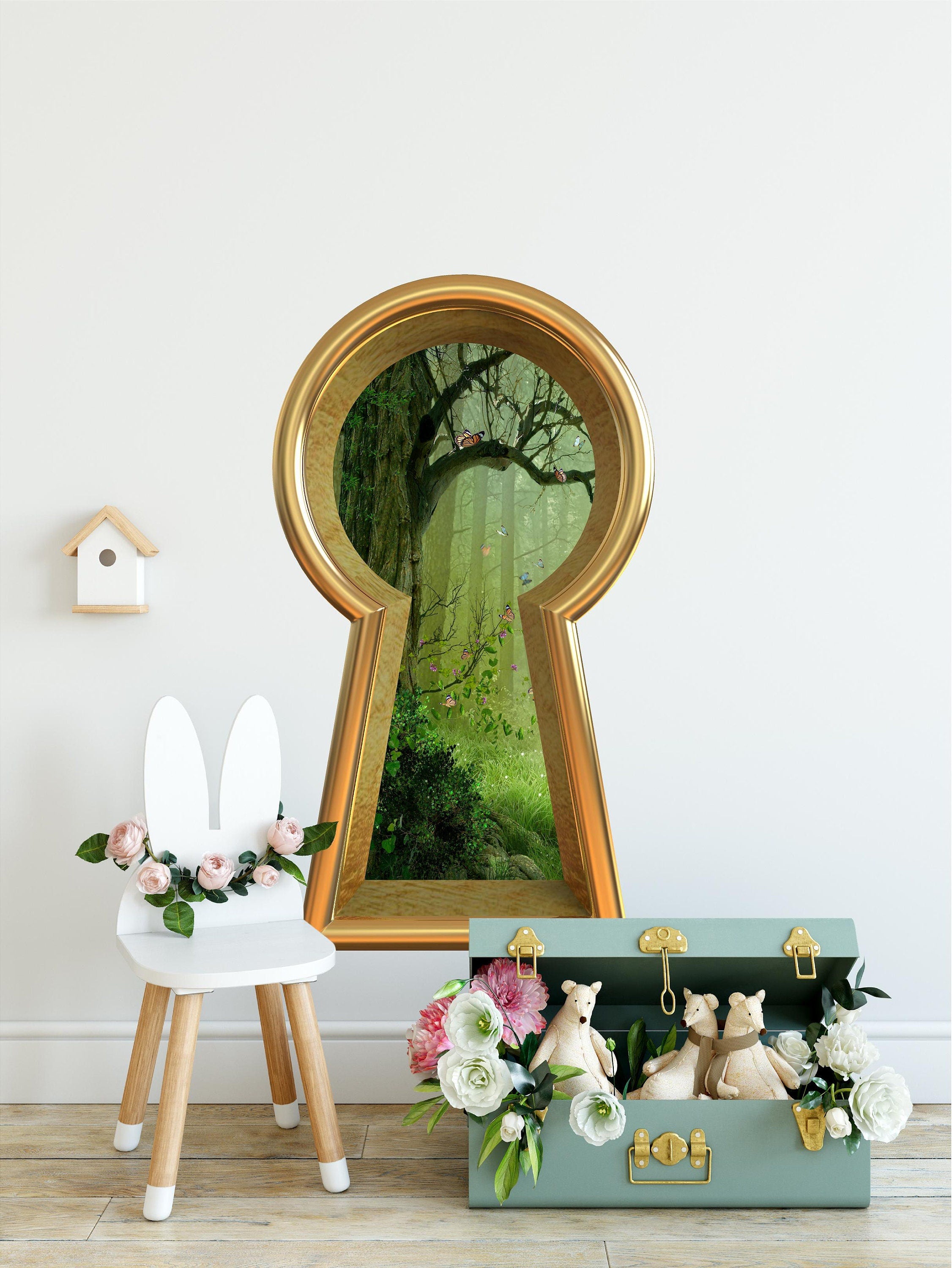 3D Keyhole Fabric Wall Decal - Enchanted Forest Butterfly Tree - Removable Fabric Wall Sticker - 3d Keyhole Portal Wall Sticker