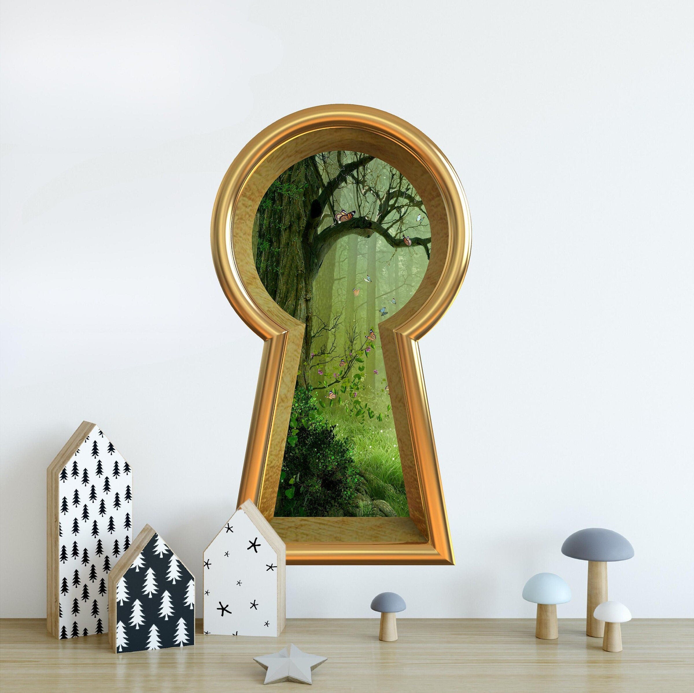 3D Keyhole Fabric Wall Decal - Enchanted Forest Butterfly Tree - Removable Fabric Wall Sticker - 3d Keyhole Portal Wall Sticker