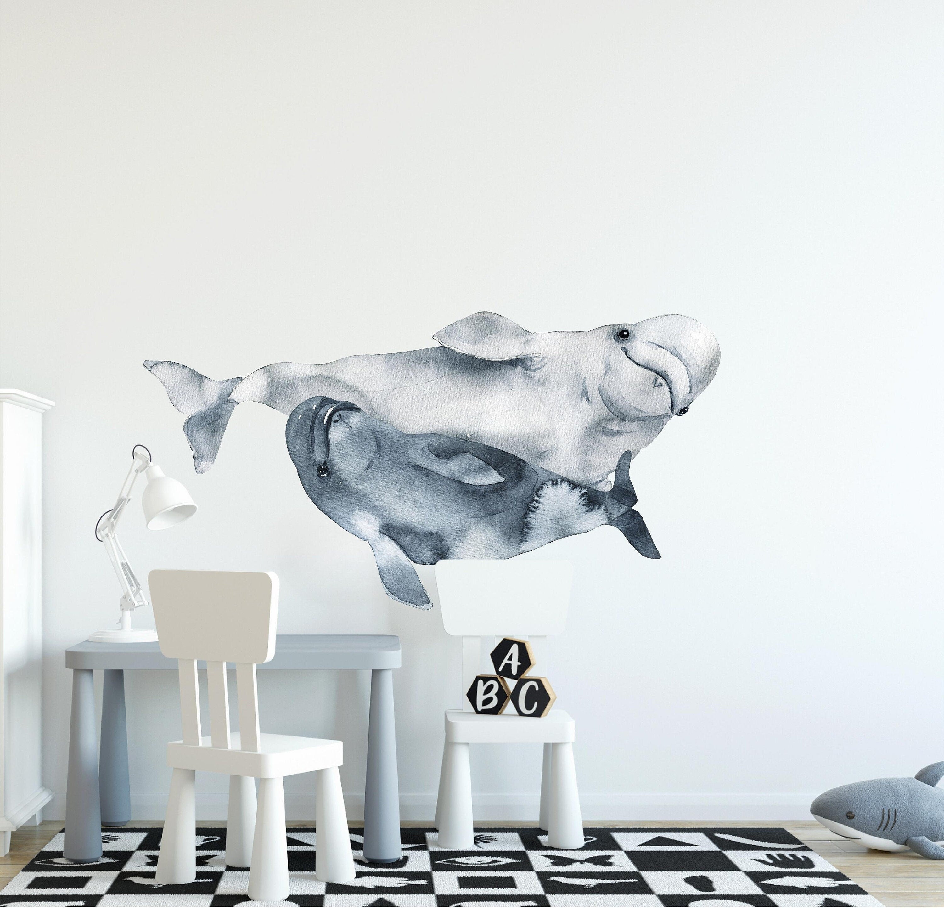Beluga Whale Fabric Wall Decal, Ocean Nursery Decor, Mother & Baby Whales, Nursery Wall Decal, Underwater Deep Sea Animal, Removable Fabric