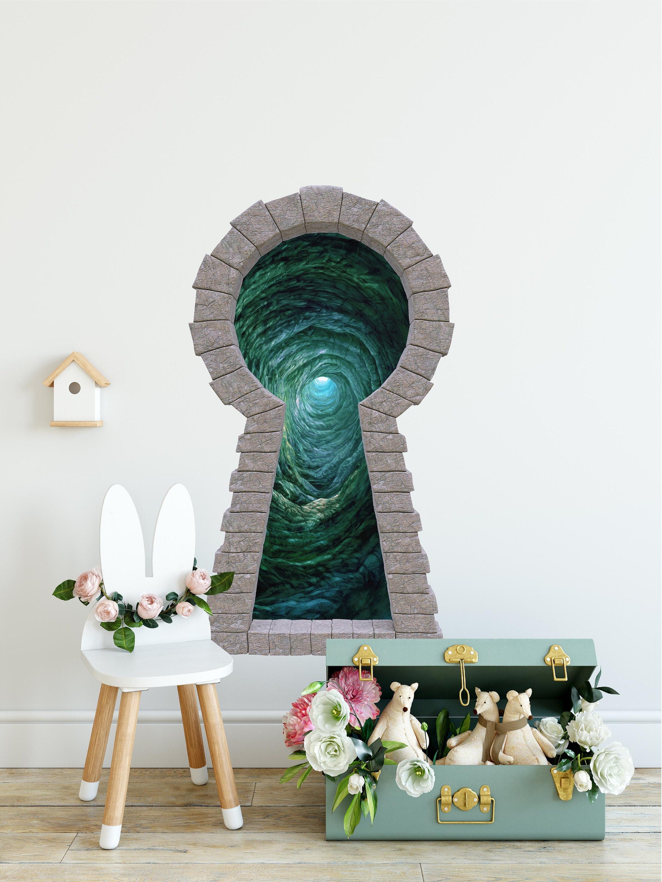 Wonderland 3d Stone Keyhole Fabric Wall Decal - Down The Rabbit Hole #2 - 3D Brick Keyhole Wall Sticker - Wonderland Party - Removable