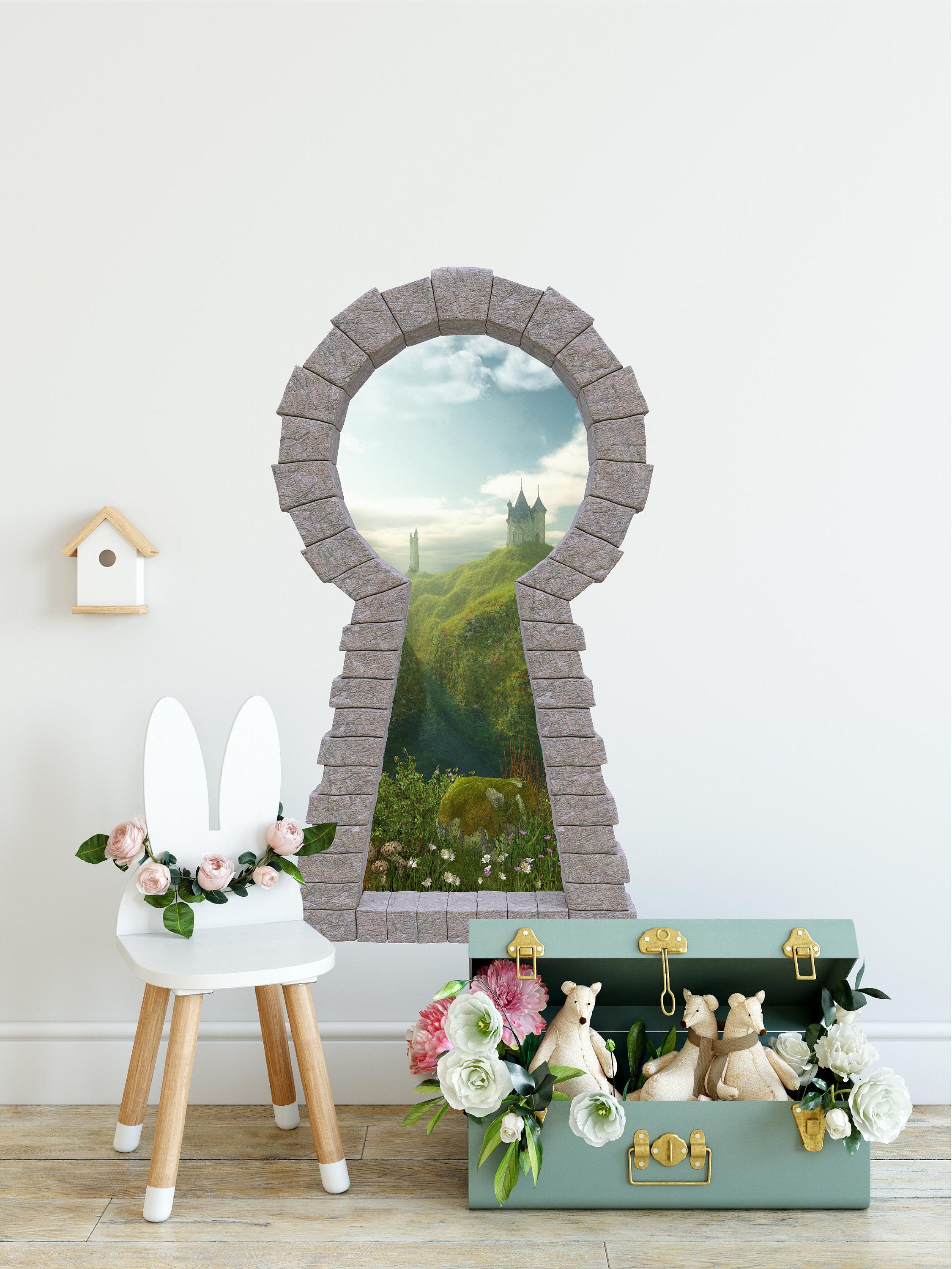 3d Stone Keyhole Fabric Wall Decal - Castle By The Sea Cliff - 3D Brick Keyhole Wall Sticker - Fairytale Window Wall Decal - Removable