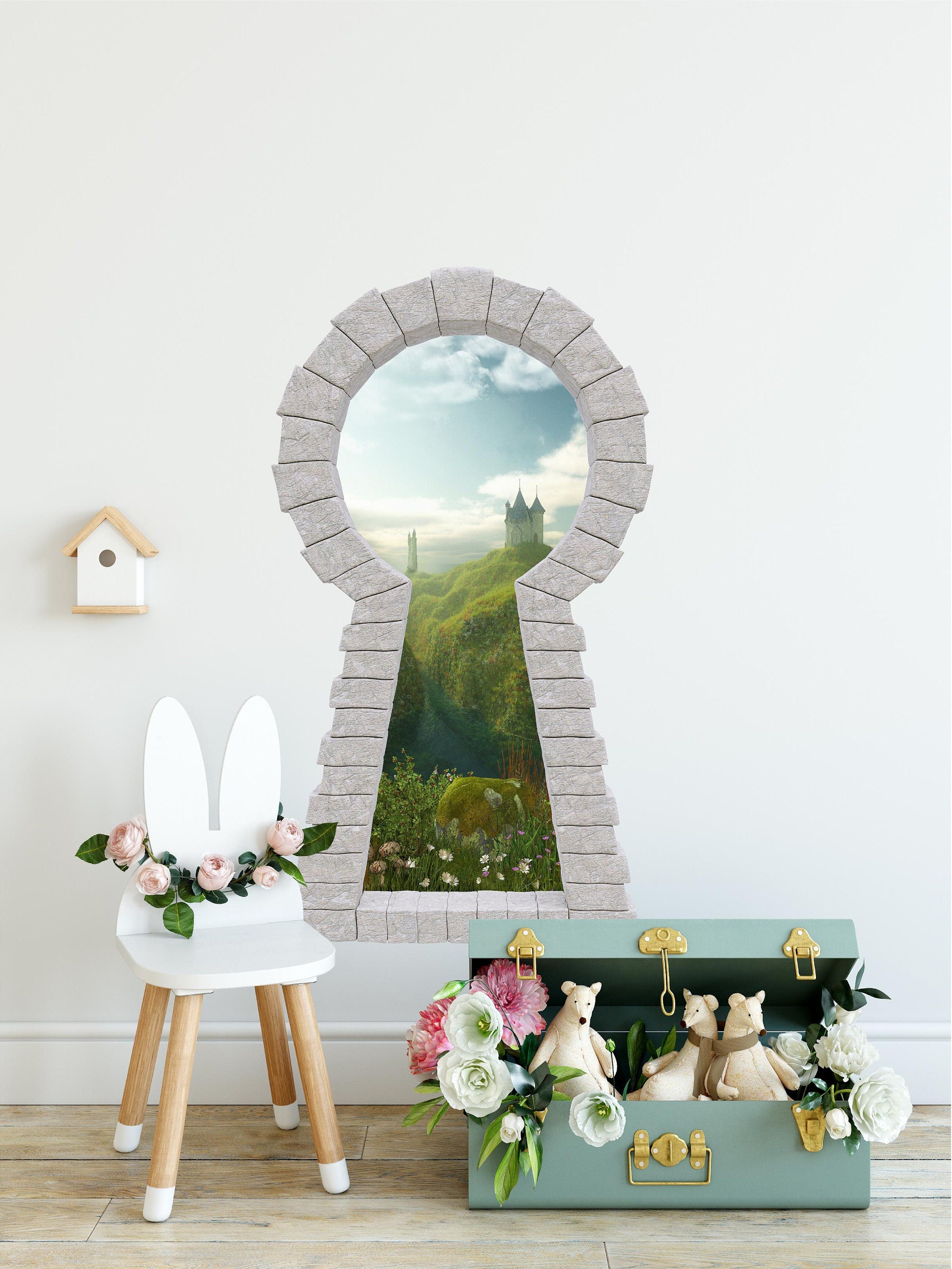 3d Stone Keyhole Fabric Wall Decal - Castle By The Sea Cliff - 3D Brick Keyhole Wall Sticker - Fairytale Window Wall Decal - Removable
