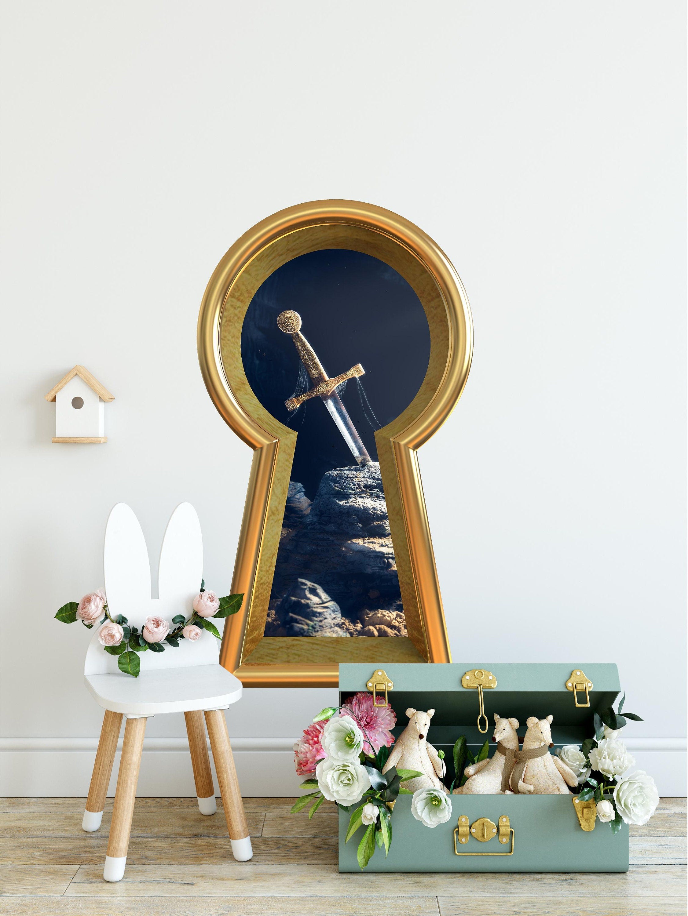 3d Keyhole Fabric Wall Decal - Sword In the Stone - 3D Keyhole Wall Sticker - Fairytale Portal Wall Art - Removable & Repositionable