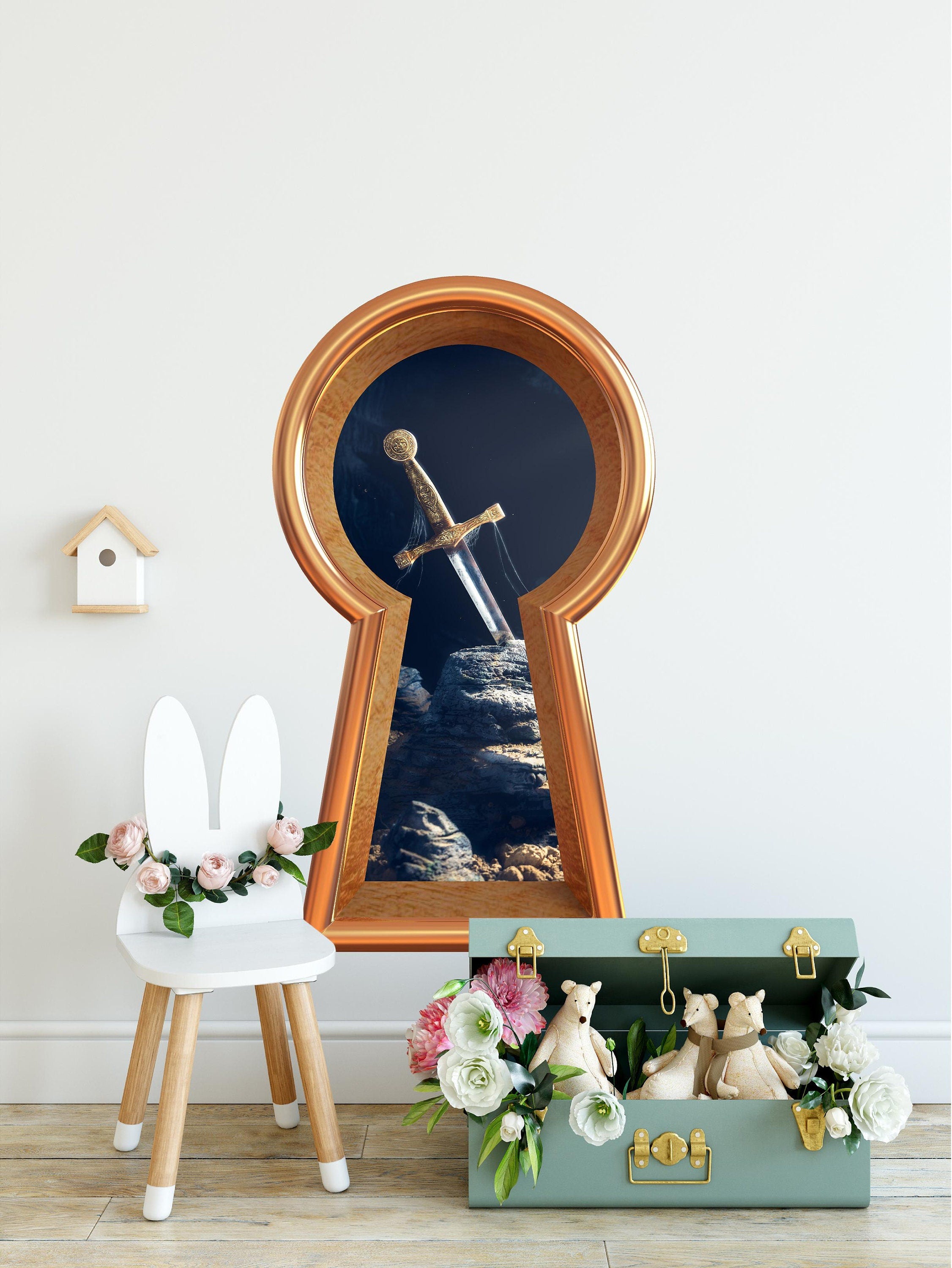 3d Keyhole Fabric Wall Decal - Sword In the Stone - 3D Keyhole Wall Sticker - Fairytale Portal Wall Art - Removable & Repositionable