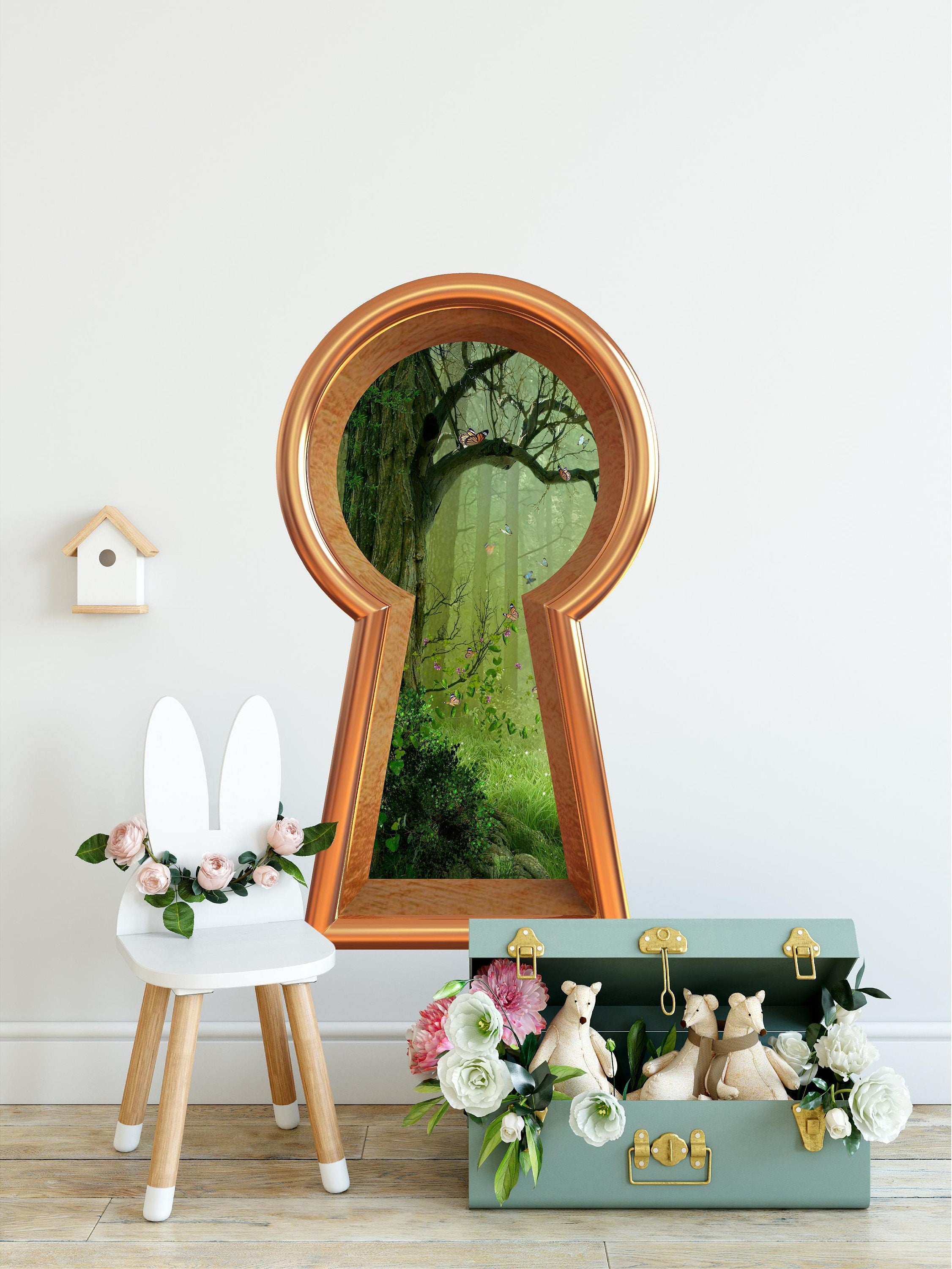 3D Keyhole Fabric Wall Decal - Enchanted Forest Butterfly Tree - Removable Fabric Wall Sticker - 3d Keyhole Portal Wall Sticker