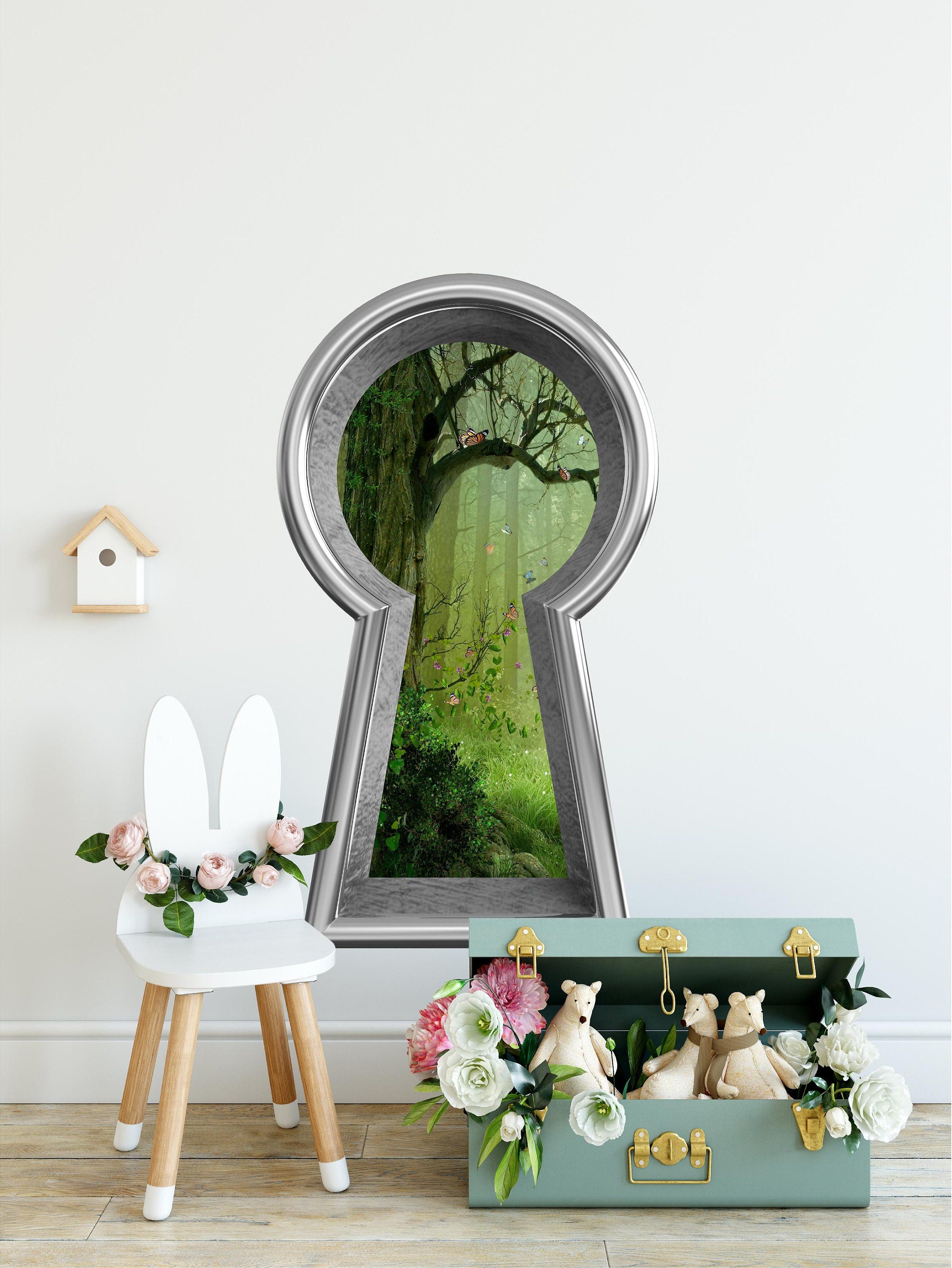 3D Keyhole Fabric Wall Decal - Enchanted Forest Butterfly Tree - Removable Fabric Wall Sticker - 3d Keyhole Portal Wall Sticker