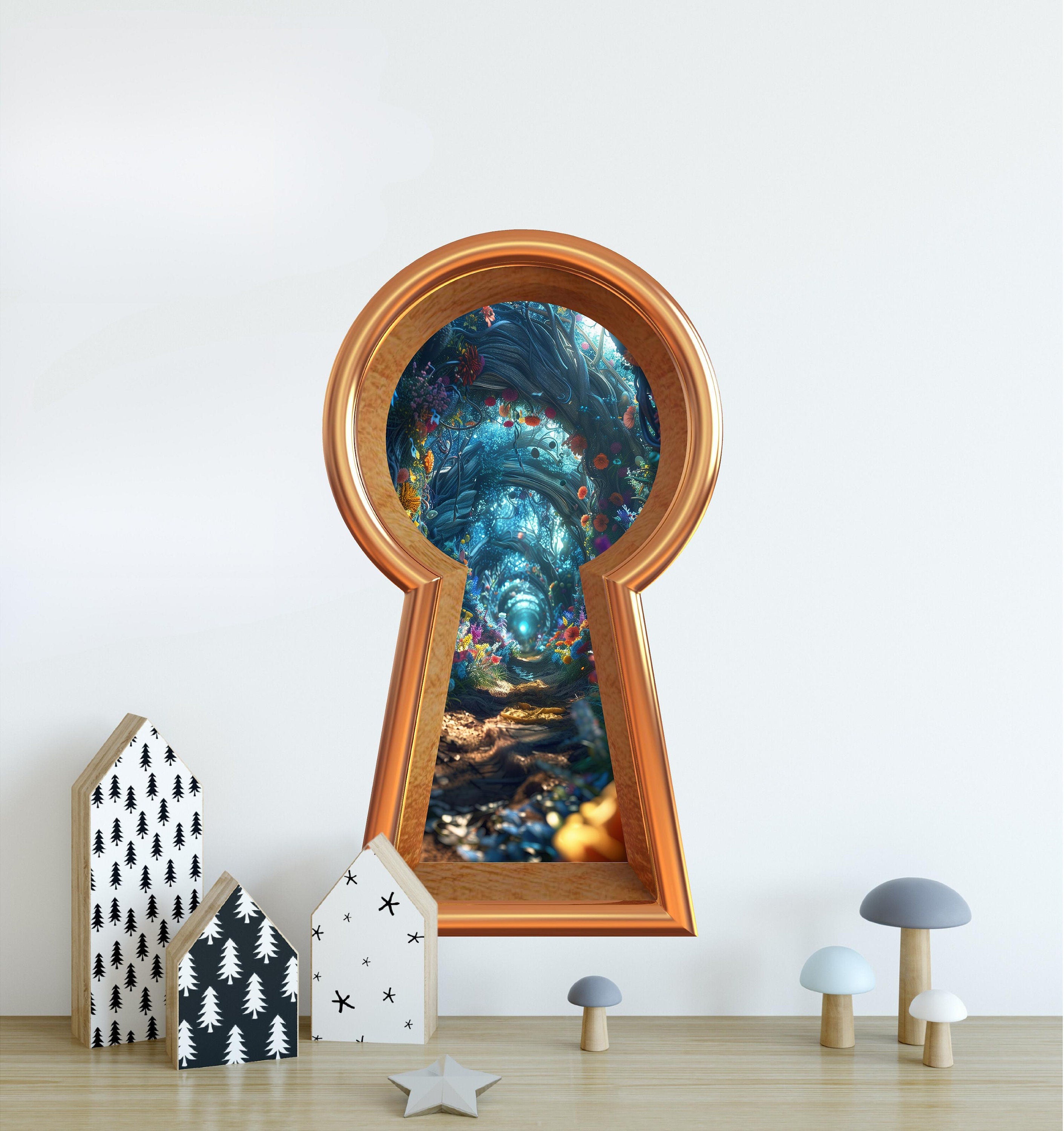 3D Keyhole Fabric Wall Decal - Flower Path Through the Rabbit Hole - Removable Fabric Wall Sticker - 3d Keyhole Portal Wall Sticker
