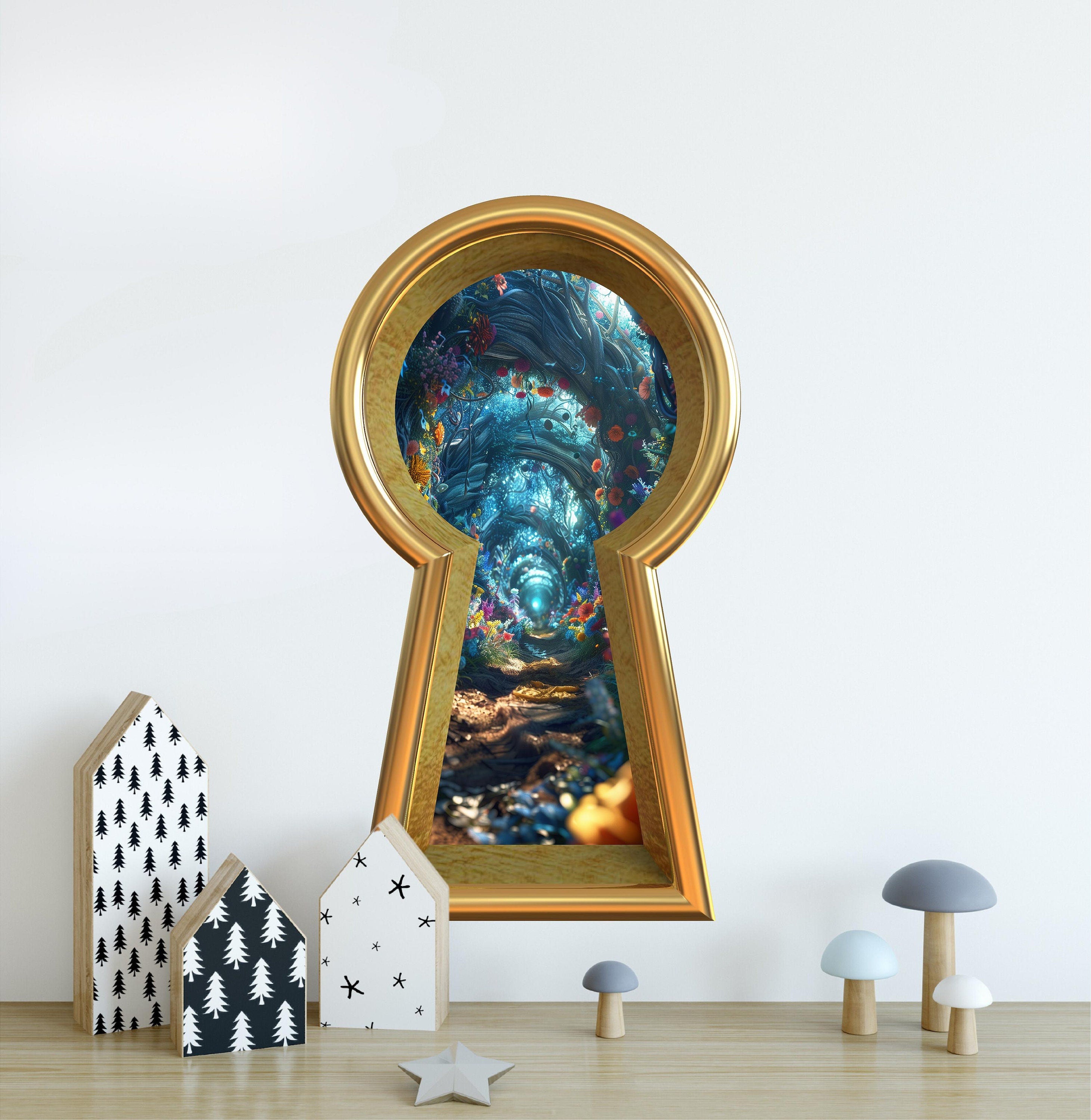 3D Keyhole Fabric Wall Decal - Flower Path Through the Rabbit Hole - Removable Fabric Wall Sticker - 3d Keyhole Portal Wall Sticker