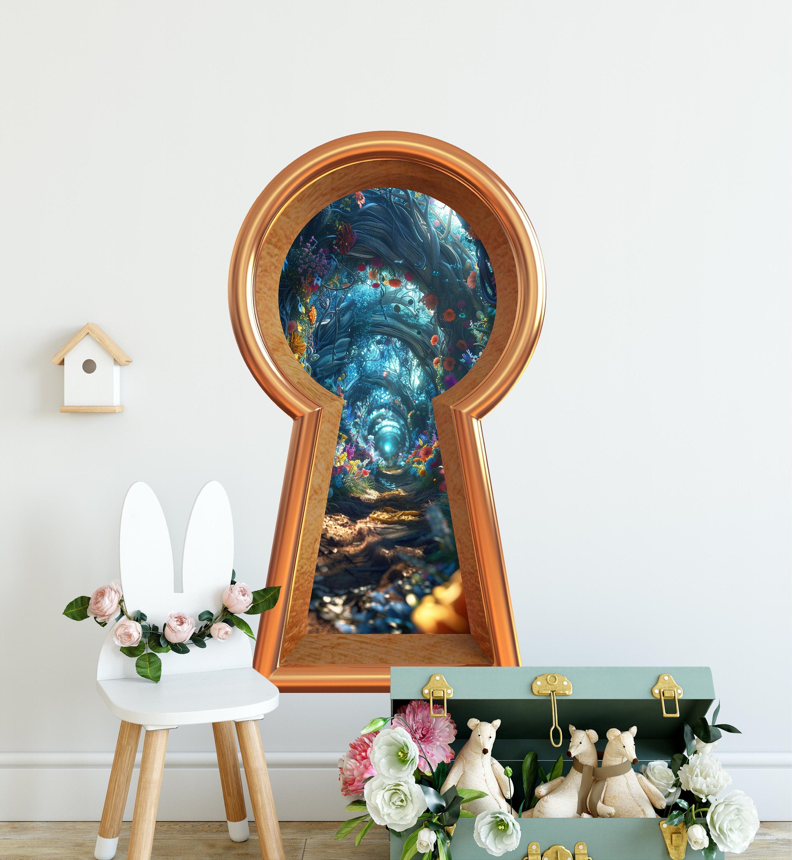3D Keyhole Fabric Wall Decal - Flower Path Through the Rabbit Hole - Removable Fabric Wall Sticker - 3d Keyhole Portal Wall Sticker