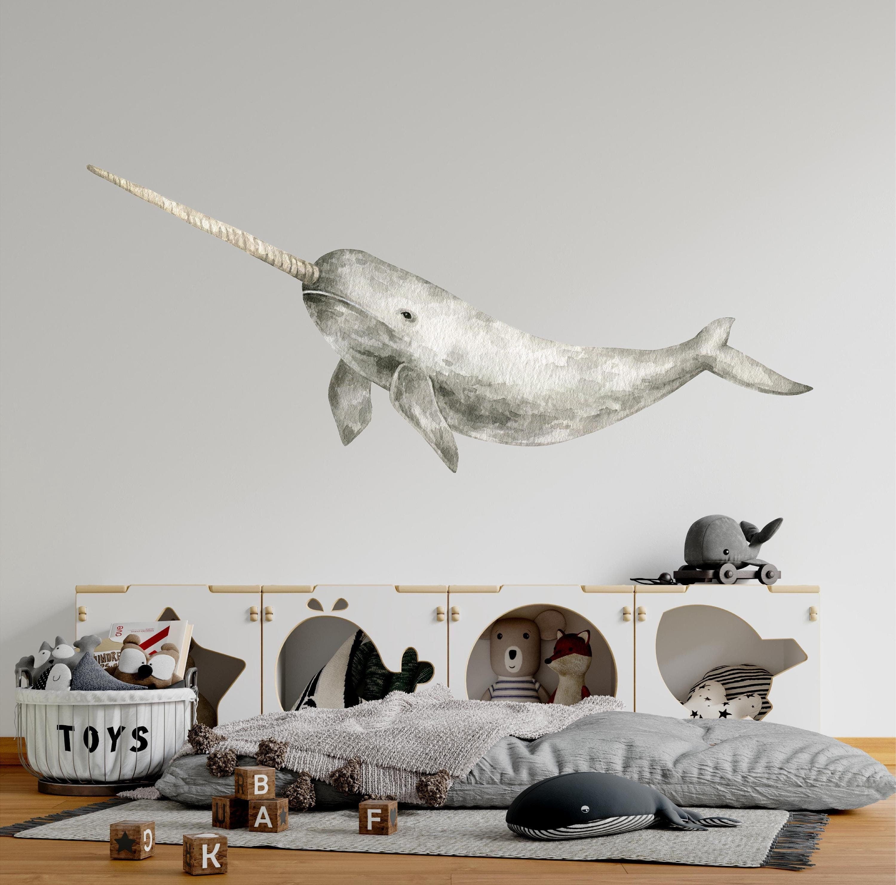 Whimsical Narwhal Fabric Wall Decal - Sea Whale Ocean Animal - Removable Nursery Sticker for Baby Room Decor