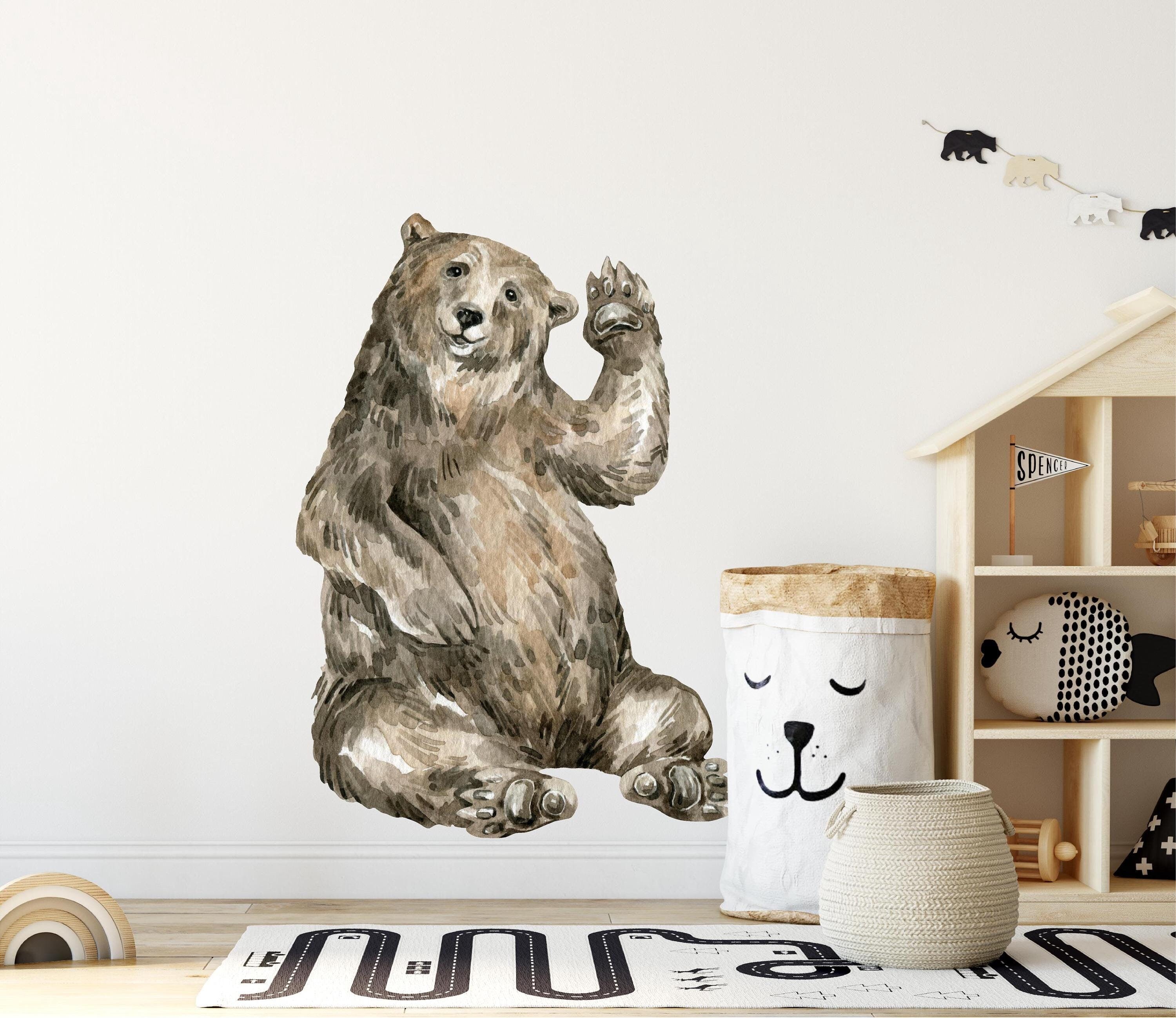 Whimsical Brown Bear Wall Decal Woodland Forest Animal Wildlife Bear Removable Peel and Stick Fabric Nursery Decor