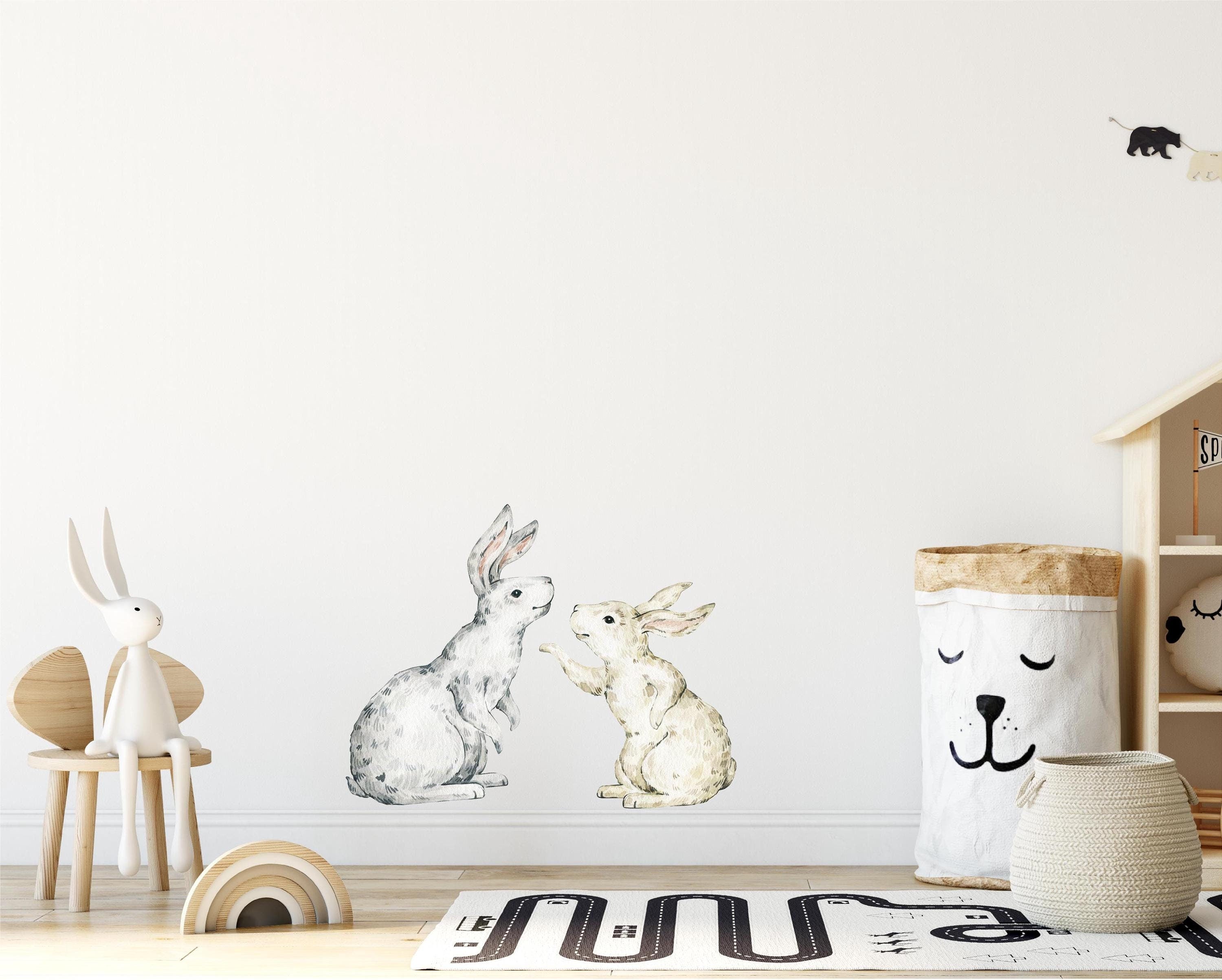 Whimsical Rabbits Wall Decal Woodland Forest Animal Wildlife Removable Peel and Stick Fabric Nursery Decor - Set of 2 Bunnies