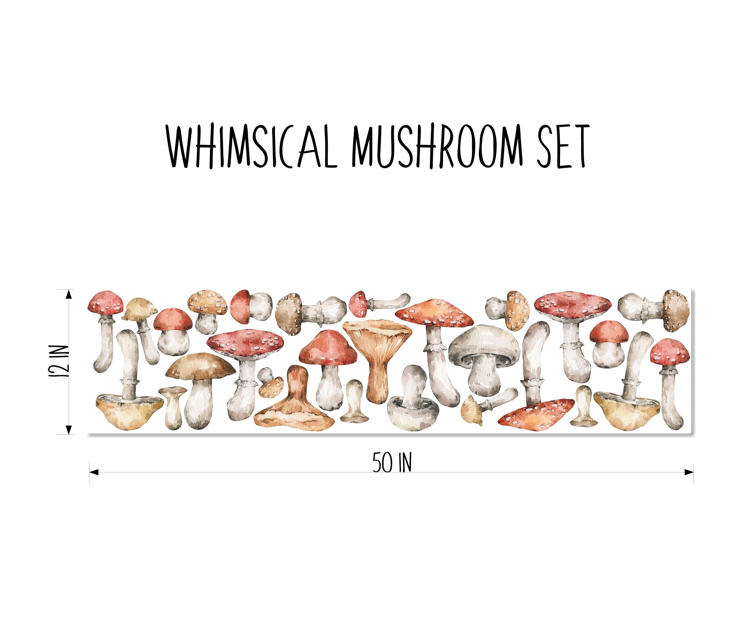 Whimsical Mushrooms Fabric Wall Decal Set, Mushroom Wall Art, Woodland Forest, Fauna, Removable Repositionable, Peel & Stick, Nursery Decor